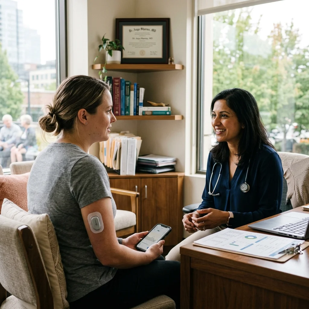 Patient consulting with healthcare provider about CGM patch data