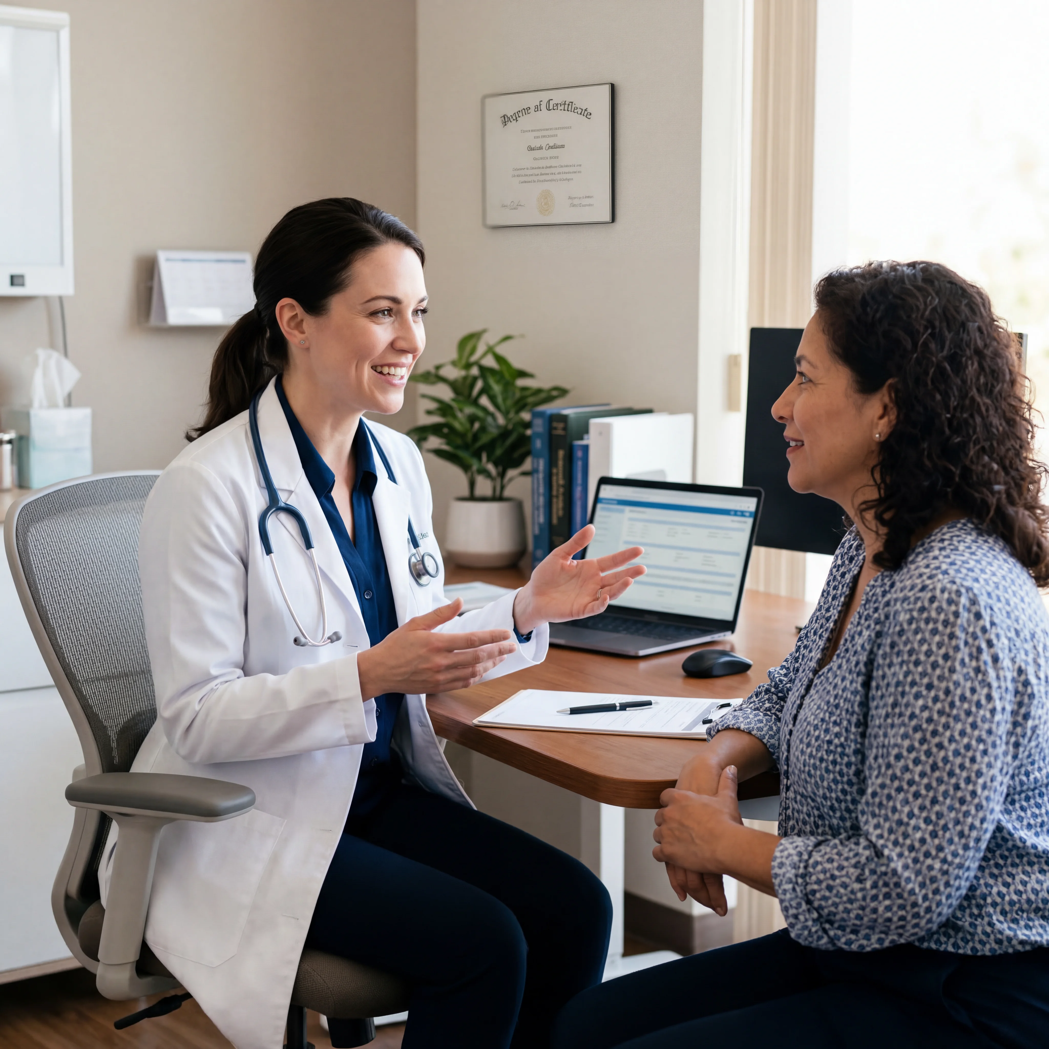Healthcare provider discussing treatment options with a middle-aged woman in a clinical office setting