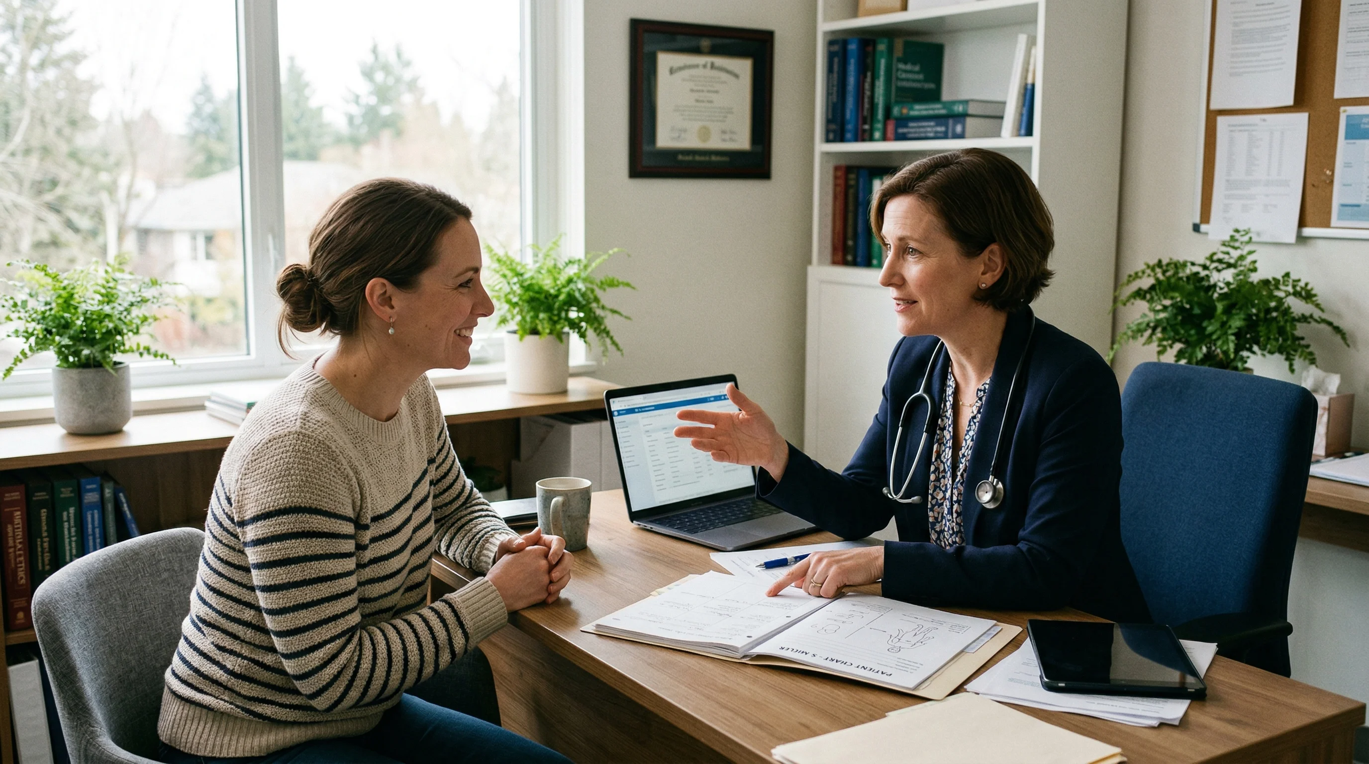 Woman consulting with her doctor about medication and reproductive health in a medical office