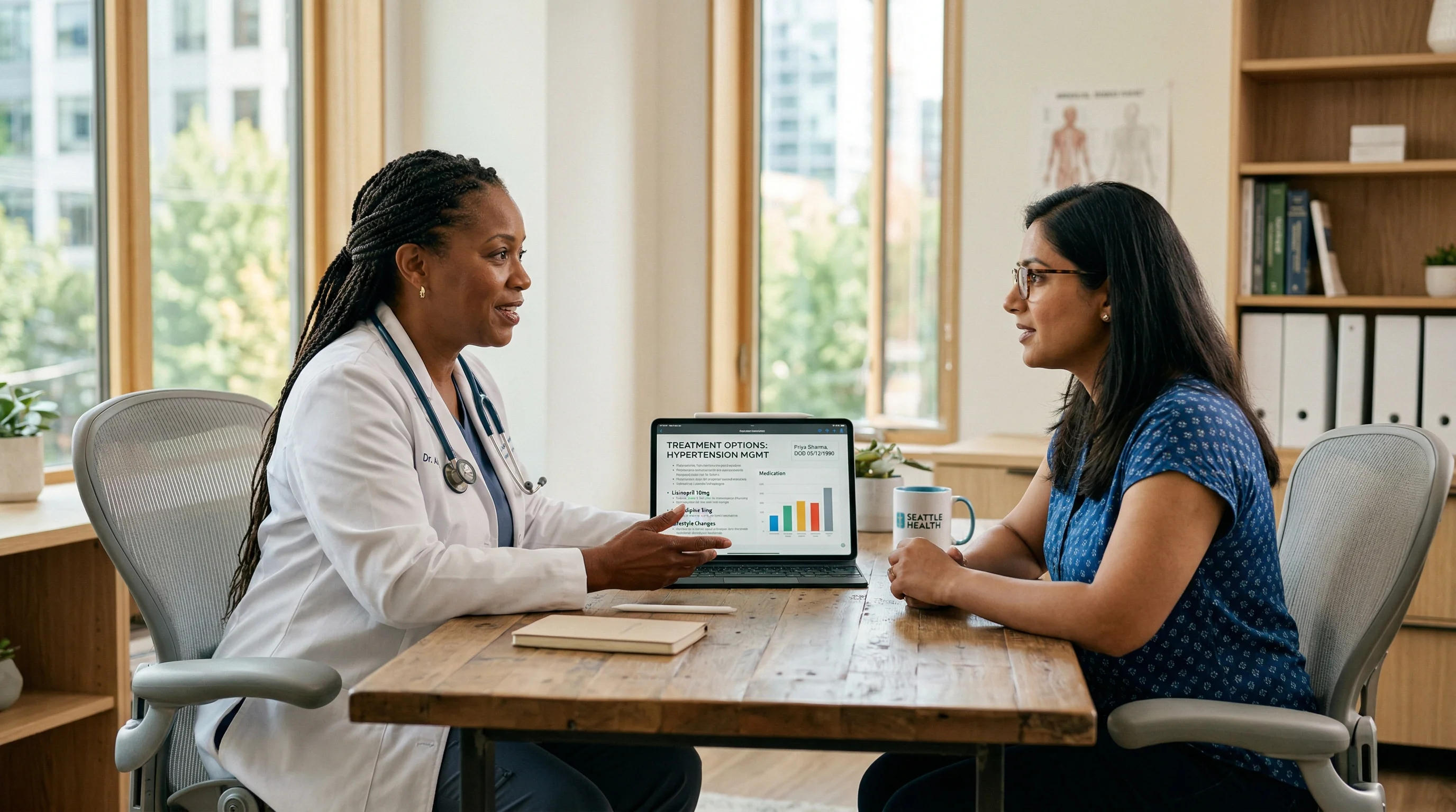 Doctor-patient consultation discussing GLP-1 medication options in a modern clinical setting