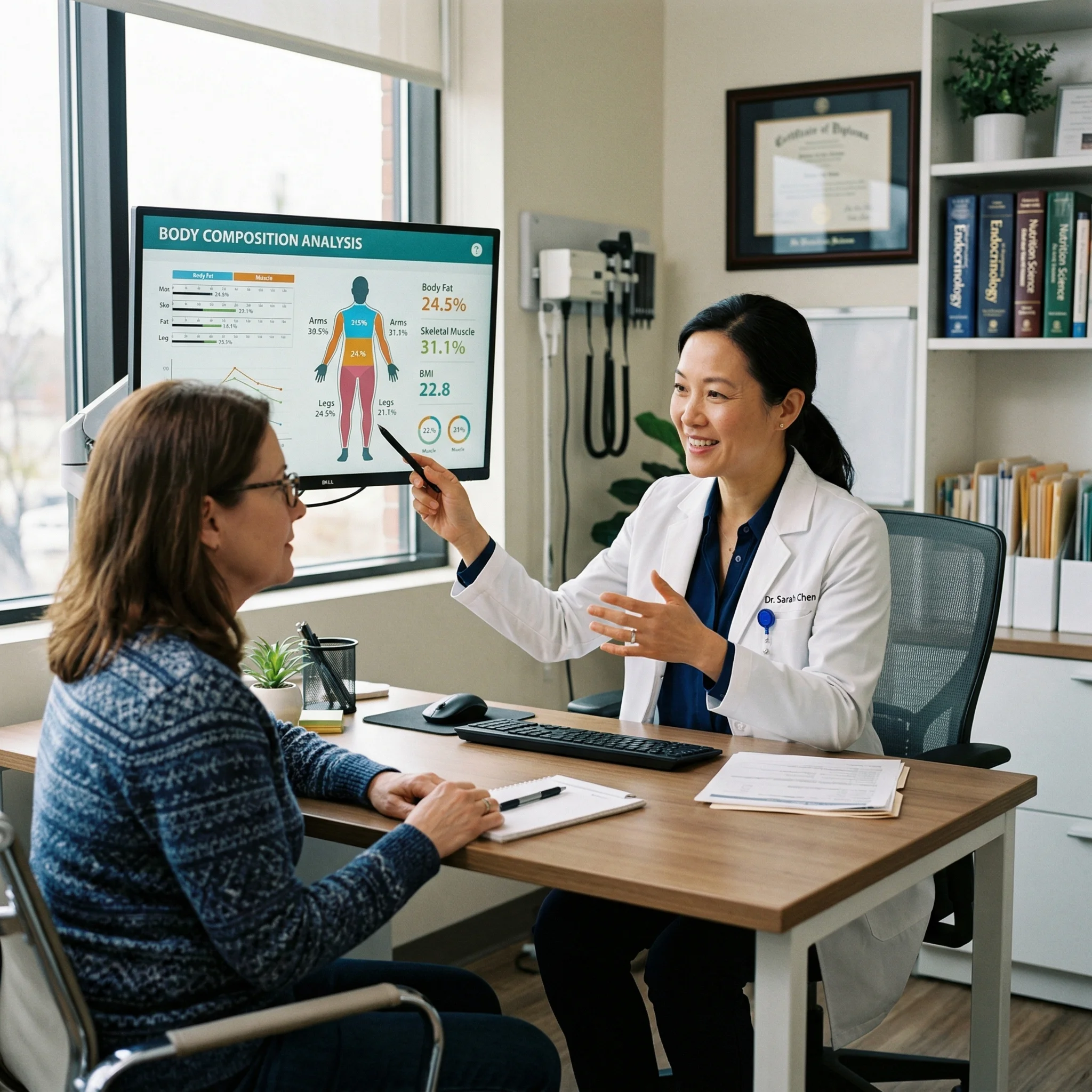 Doctor consulting with a patient about facial changes and body composition during GLP-1 medication treatment