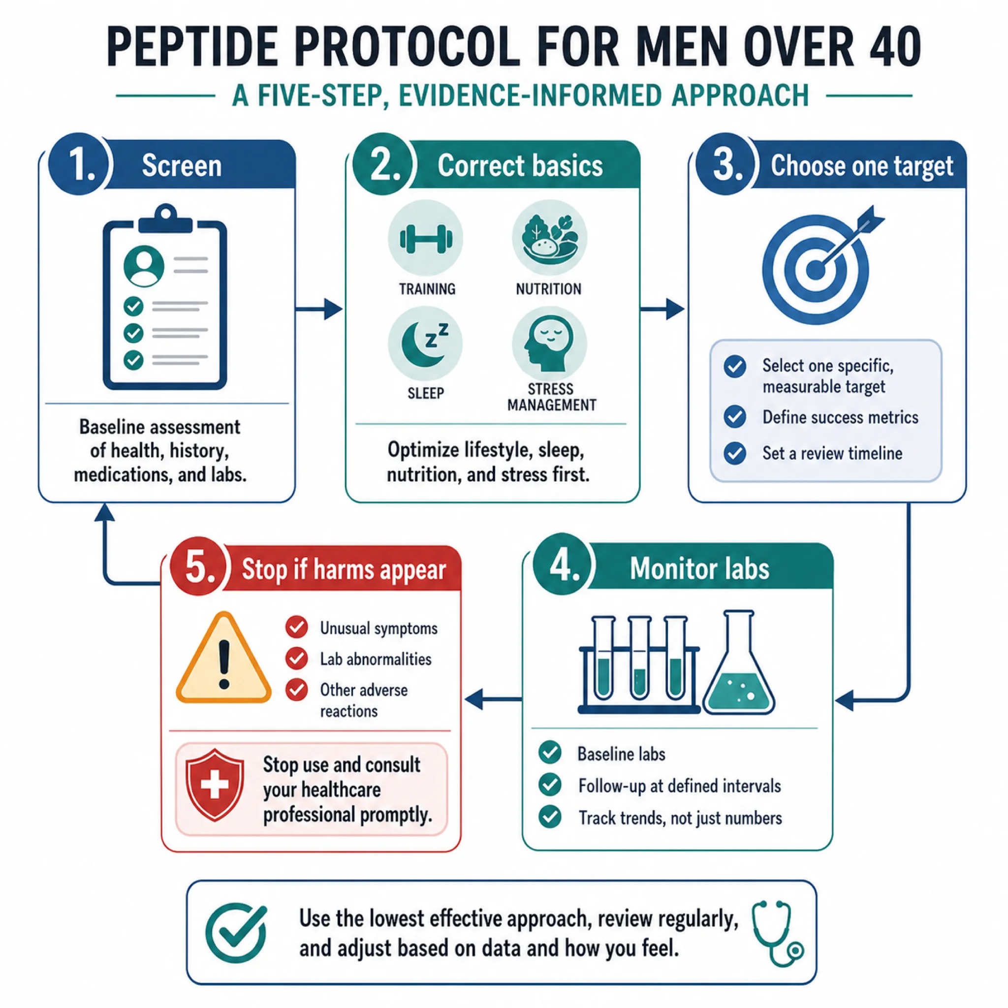 Conservative peptide protocol flowchart for men over 40