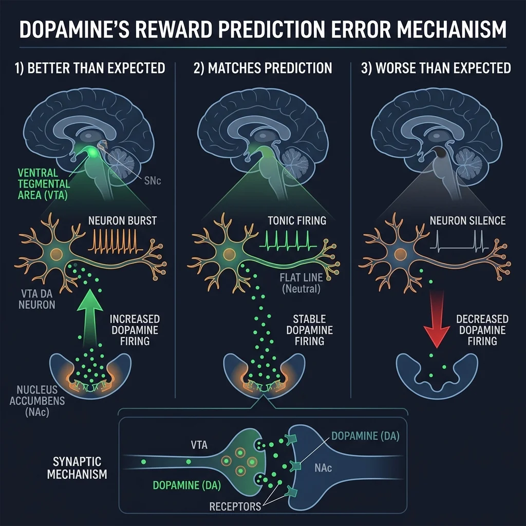 Infographic showing how dopamine neurons respond differently based on reward prediction errors