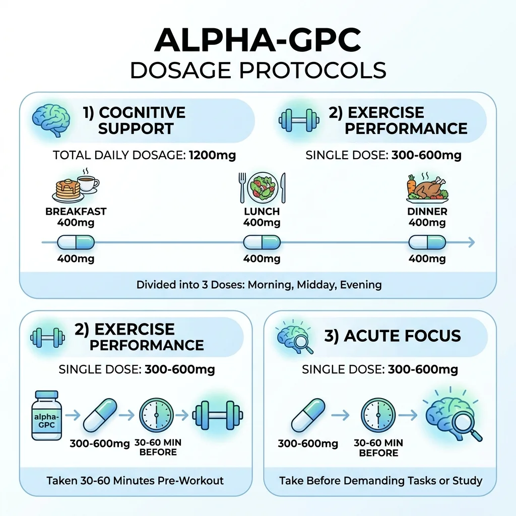 Visual guide showing alpha-GPC dosage ranges for cognitive support, exercise performance, and acute mental focus