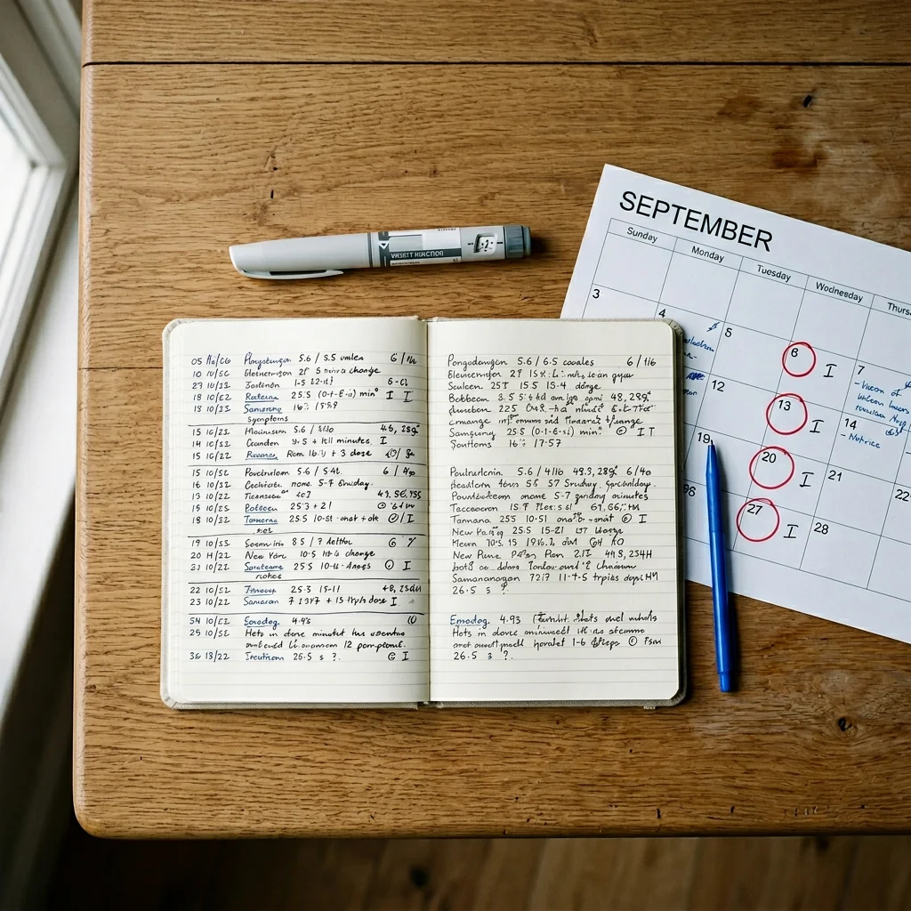 A weekly injection log, calendar, and pen on a desk, illustrating the boring but high-yield first step of confirming dose and adherence before considering peptide stacks.