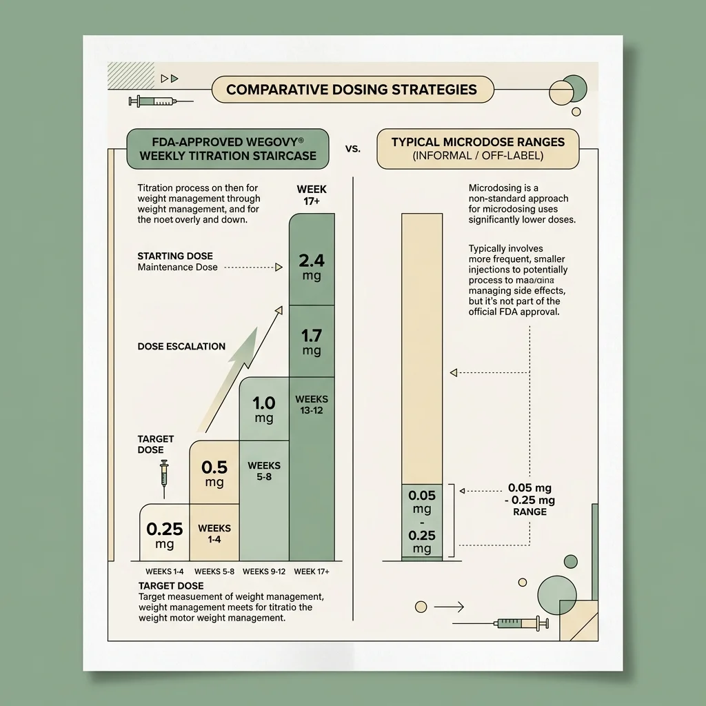 Infographic comparing FDA-approved Wegovy dosing schedule (0.25 mg up to 2.4 mg weekly) against the typical microdose range marketed by telehealth platforms (about 0.05 to 0.25 mg weekly).
