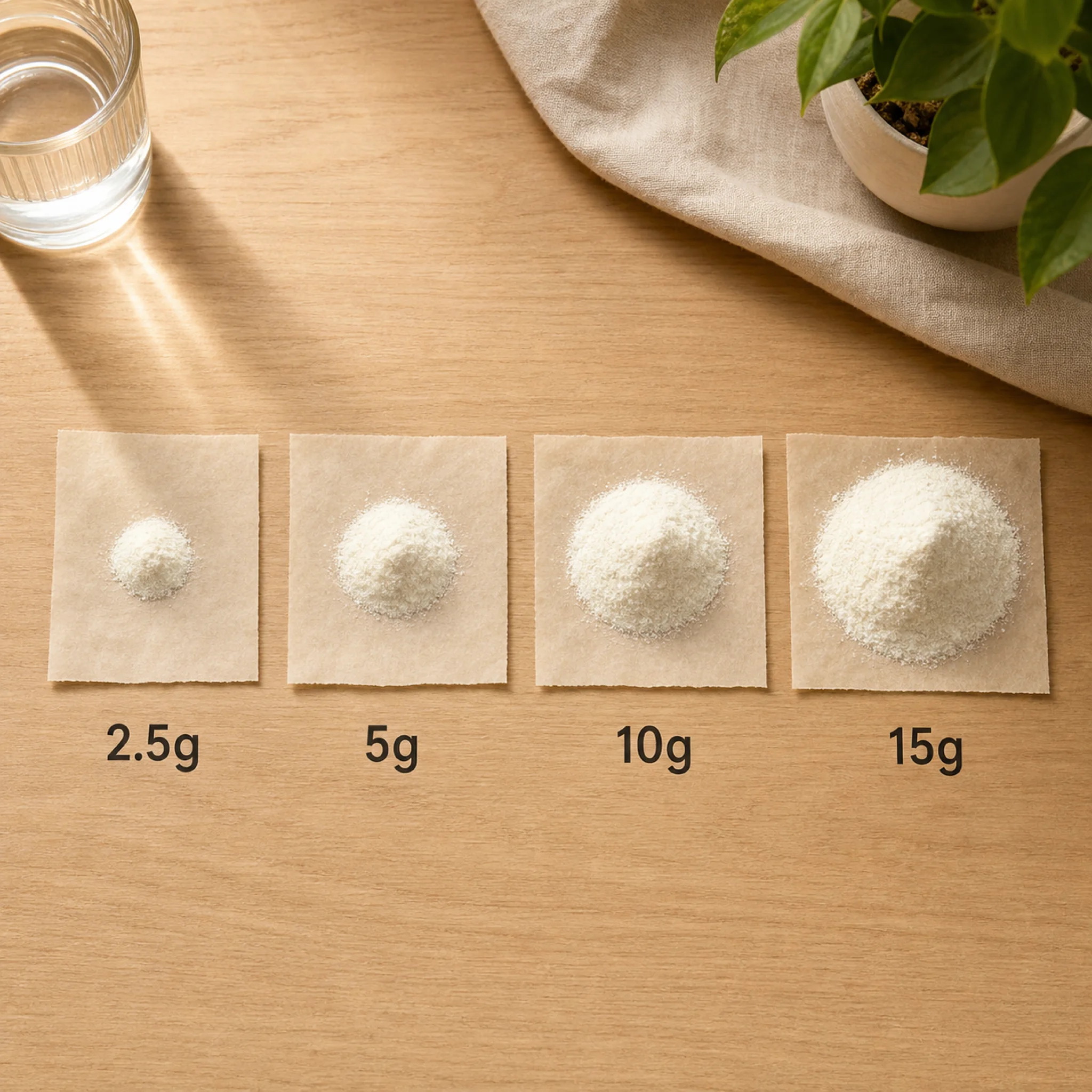 Visual comparison of collagen doses used in clinical trials from 2.5 grams to 15 grams