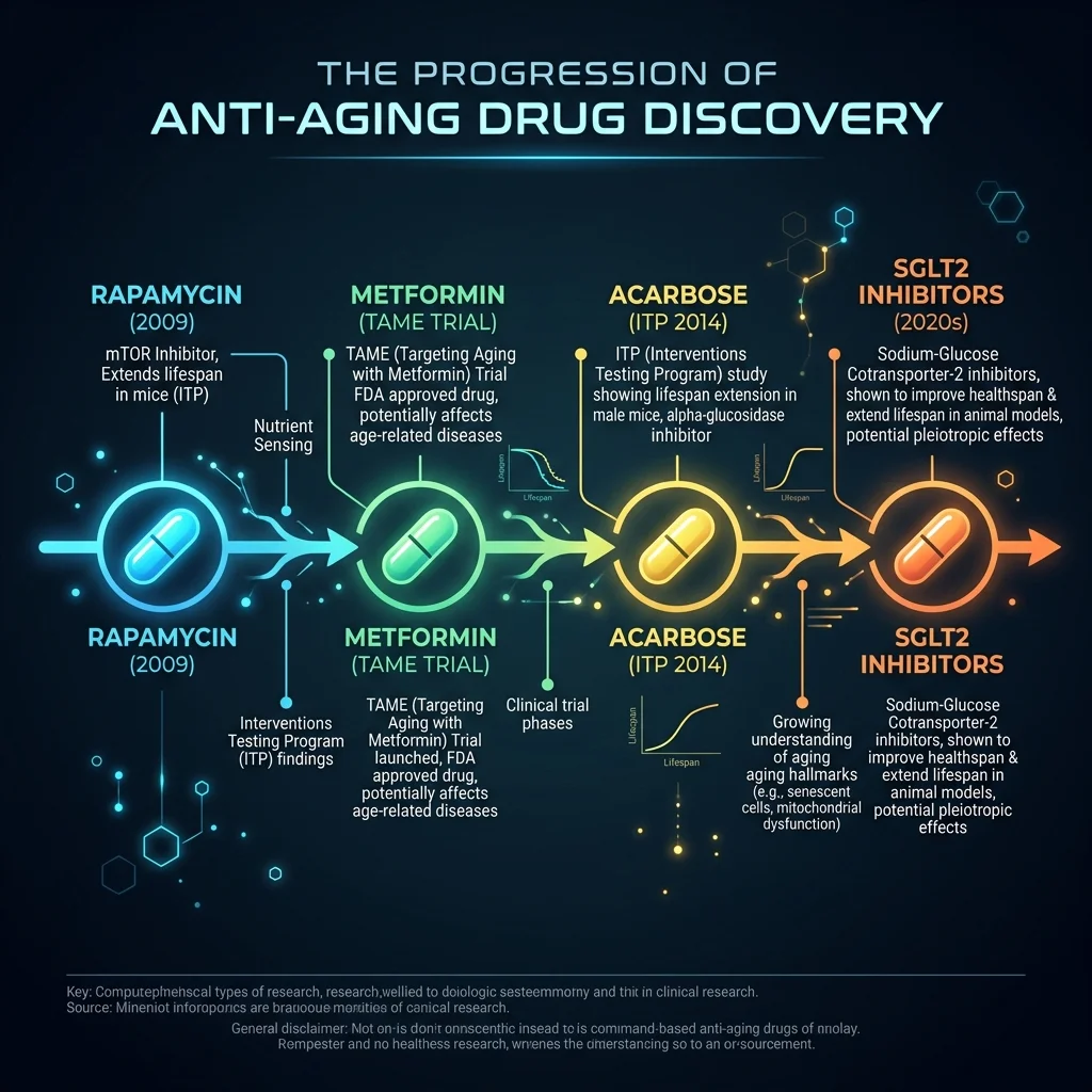 Timeline showing the evolution of anti-aging drug research from rapamycin to SGLT2 inhibitors