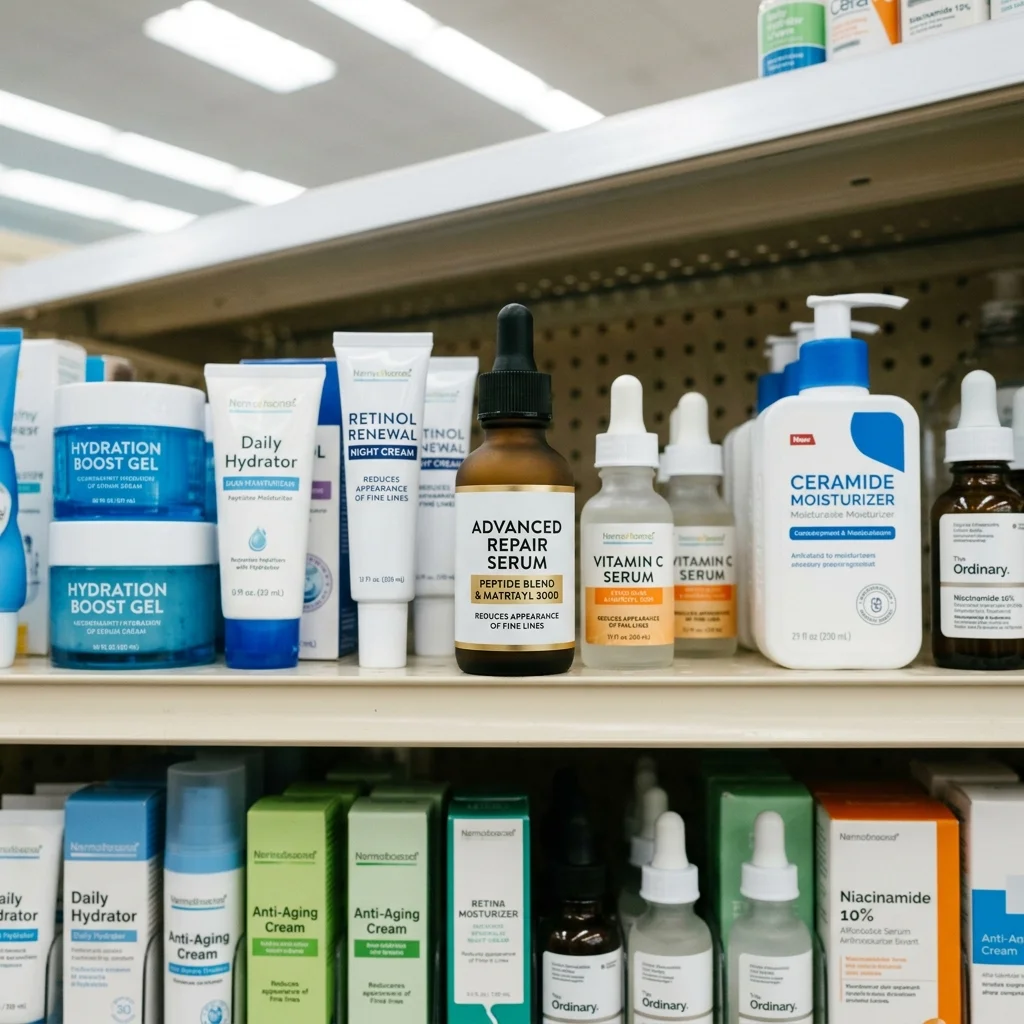 Affordable peptide serums on a drugstore skincare shelf