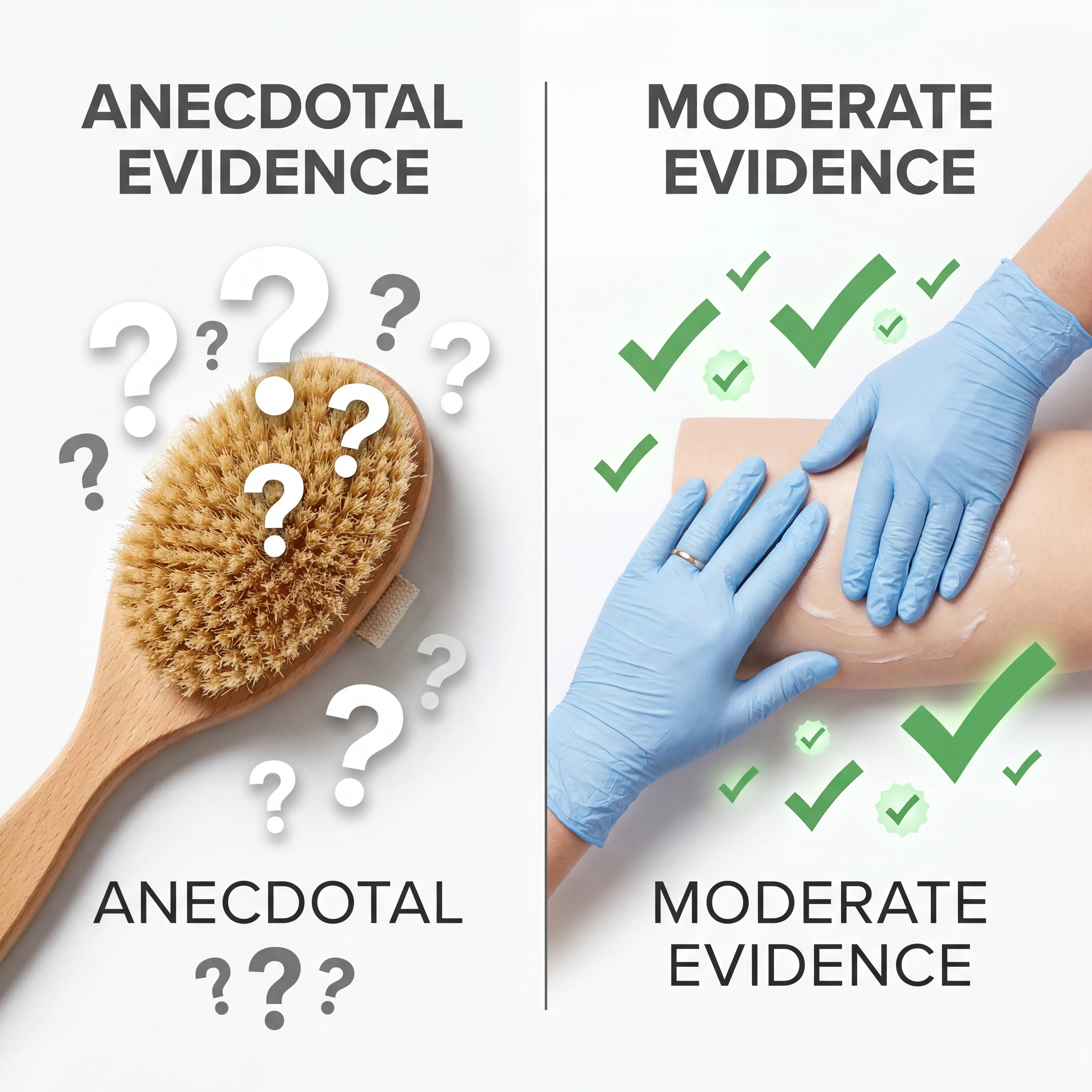 Side-by-side comparison chart showing evidence levels for dry brushing claims versus manual lymphatic drainage findings