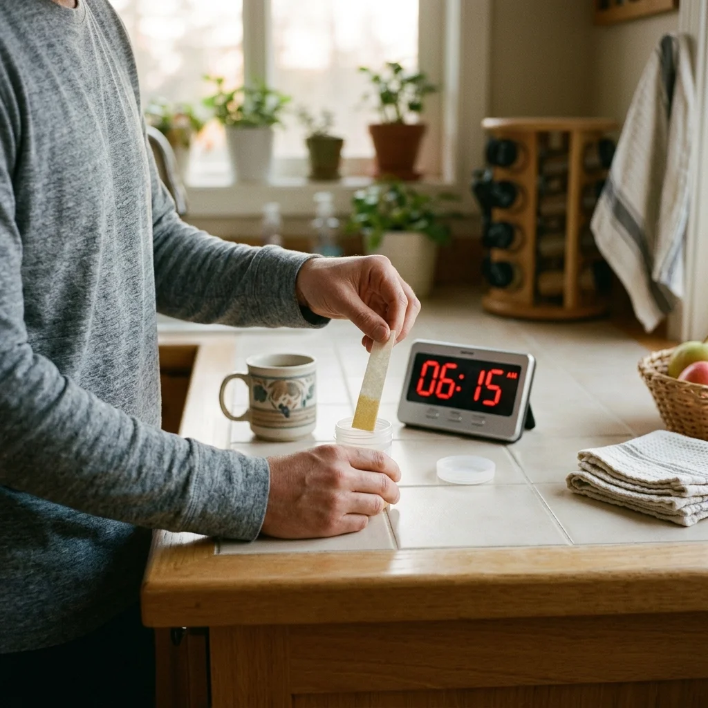 Person collecting a dried urine sample at home as part of the DUTCH test collection process