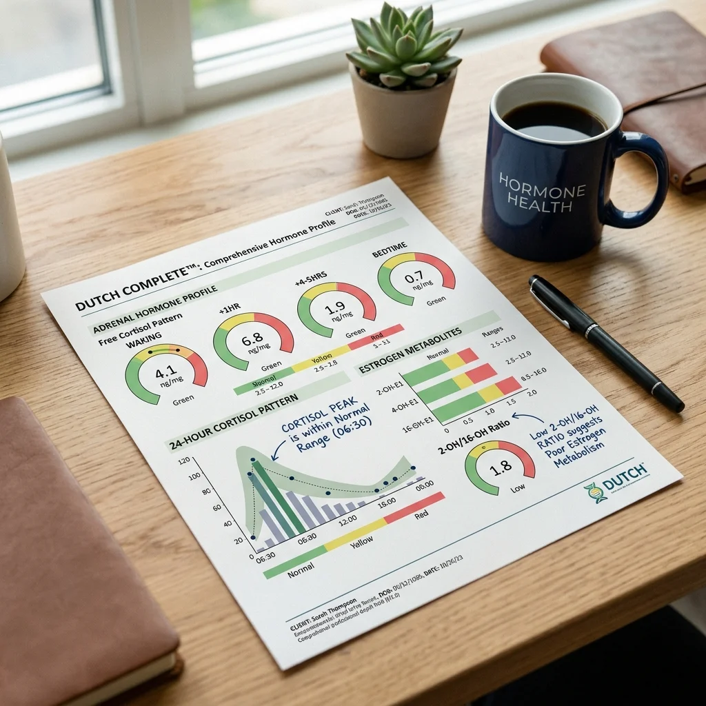 Example DUTCH test results report showing cortisol patterns and estrogen metabolite ratios