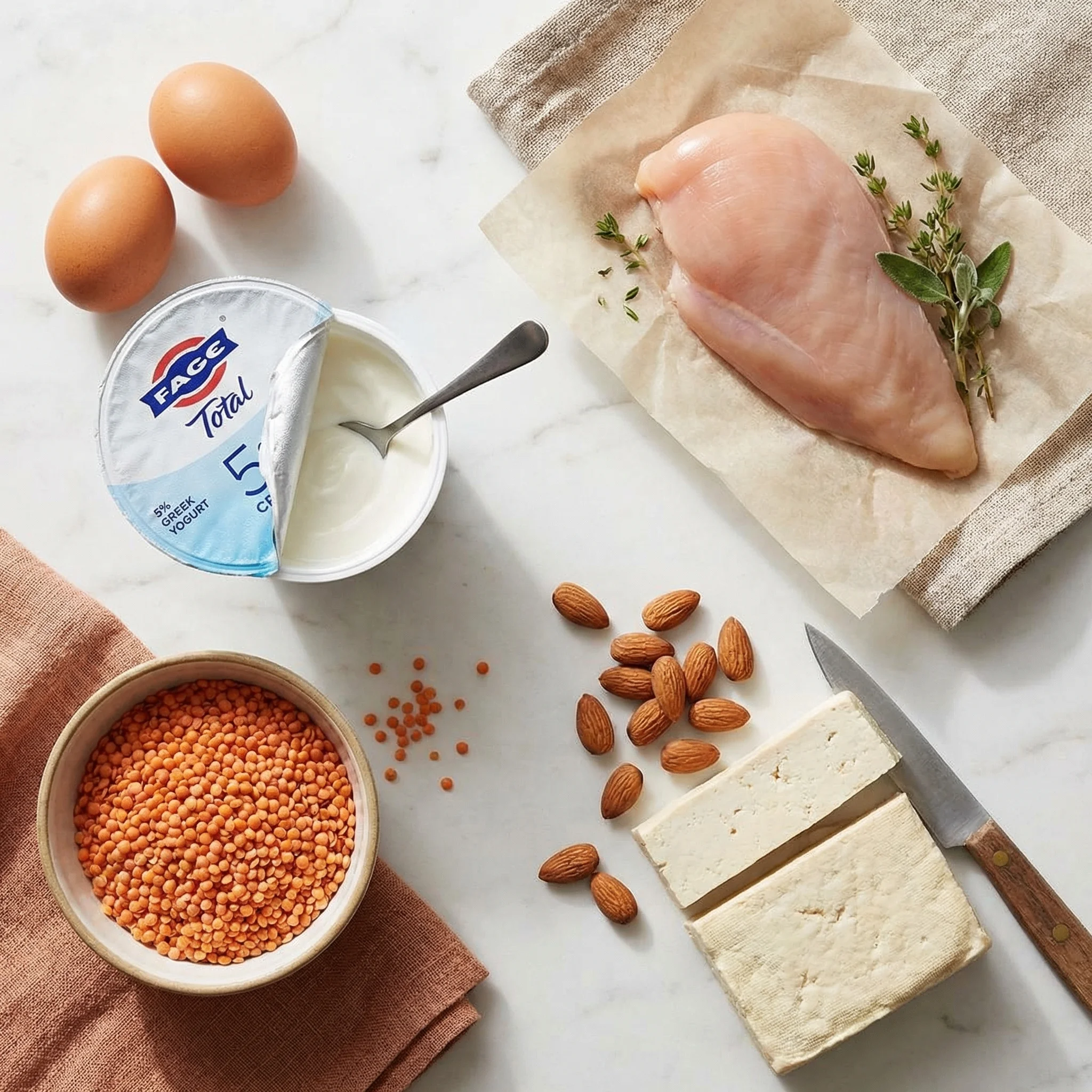 Flat lay arrangement of eggs, Greek yogurt, chicken breast, lentils, almonds, and tofu