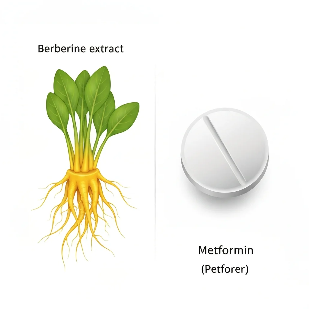 Side-by-side comparison chart showing berberine versus metformin effects on fasting glucose and body weight
