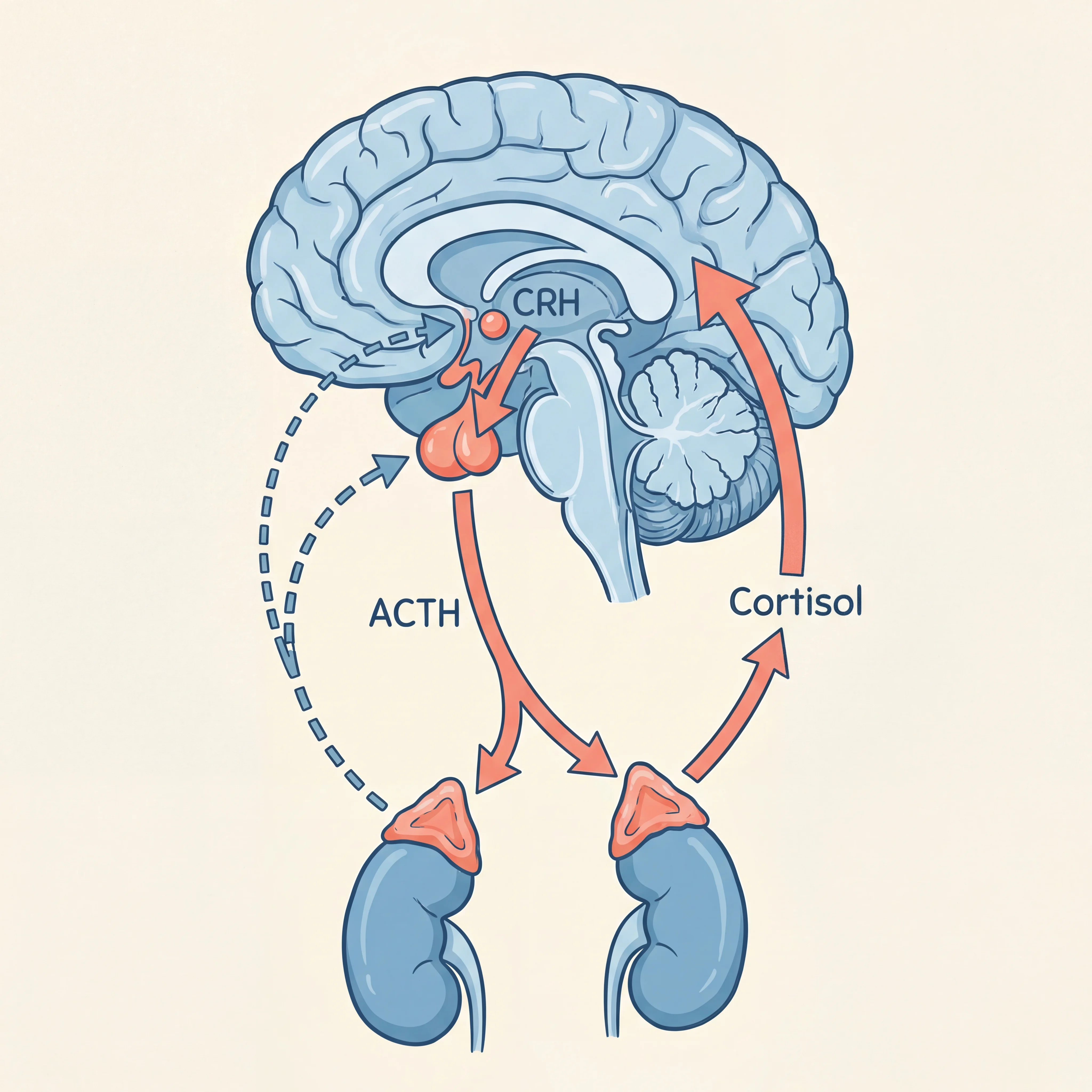 Diagram of the hypothalamic-pituitary-adrenal axis showing the hormone cascade from brain to adrenal glands with cortisol feedback loop