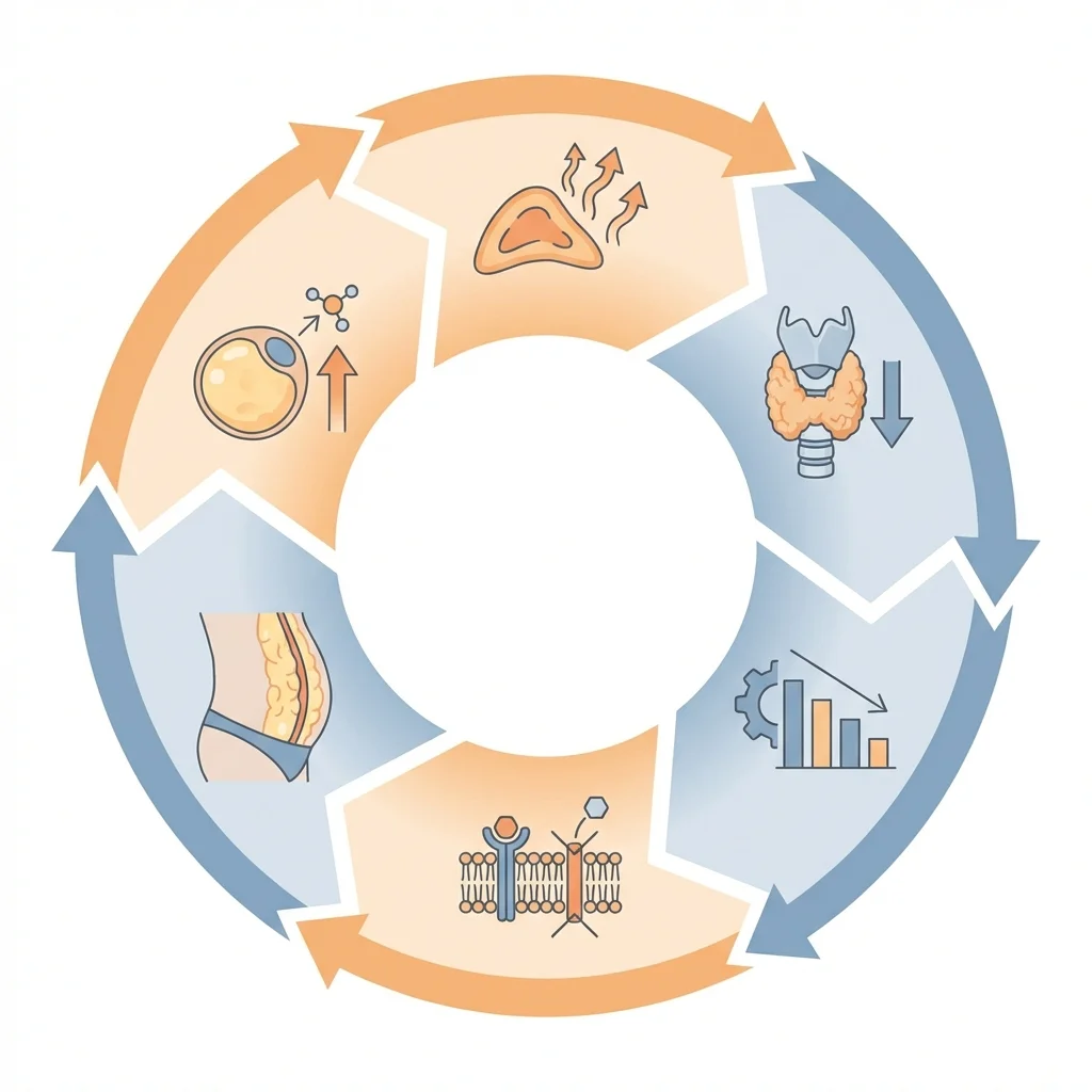Infographic showing the cortisol-thyroid-insulin cycle driving visceral fat accumulation
