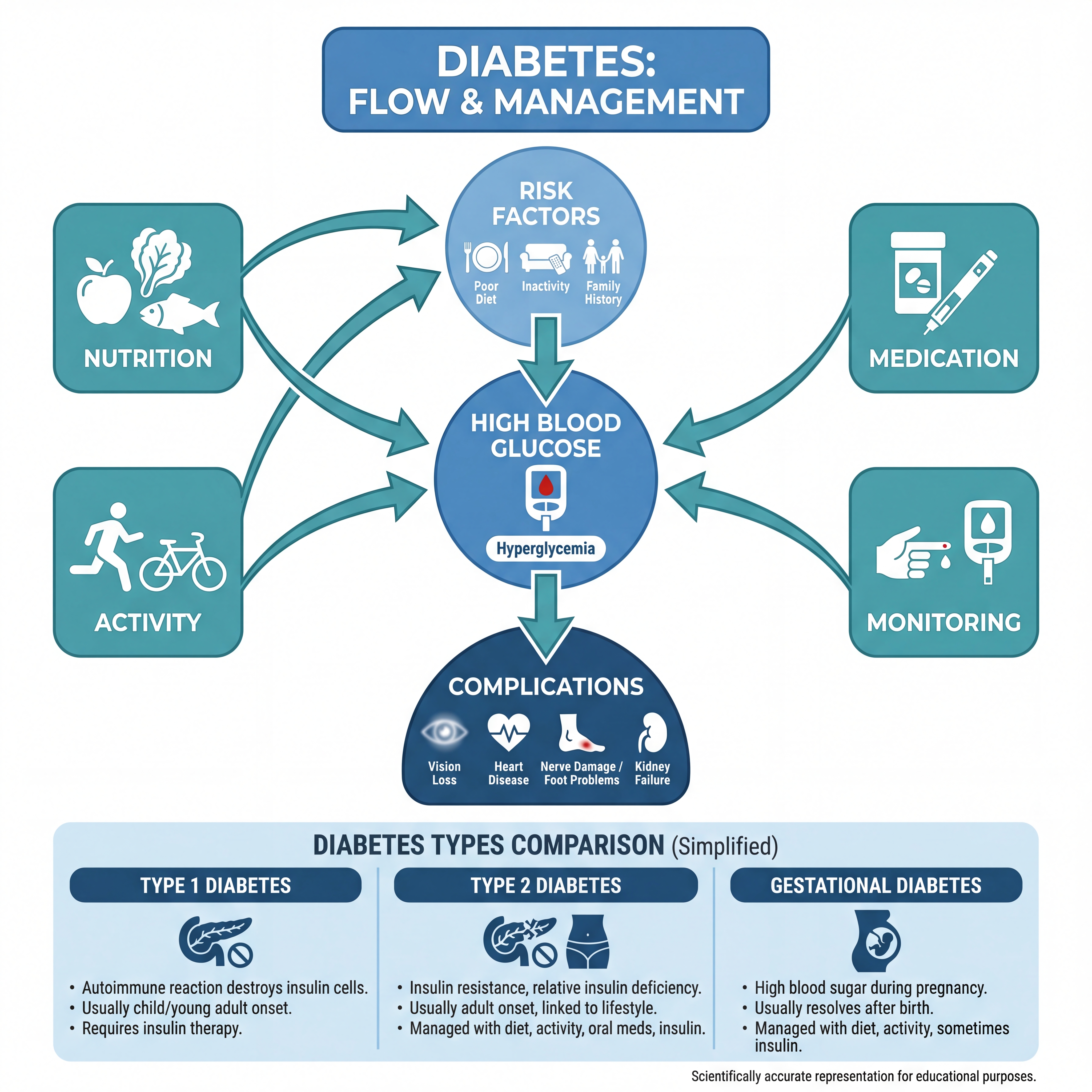 Square infographic summarizing diabetes risk factors, high blood glucose pathway, complications, and intervention points