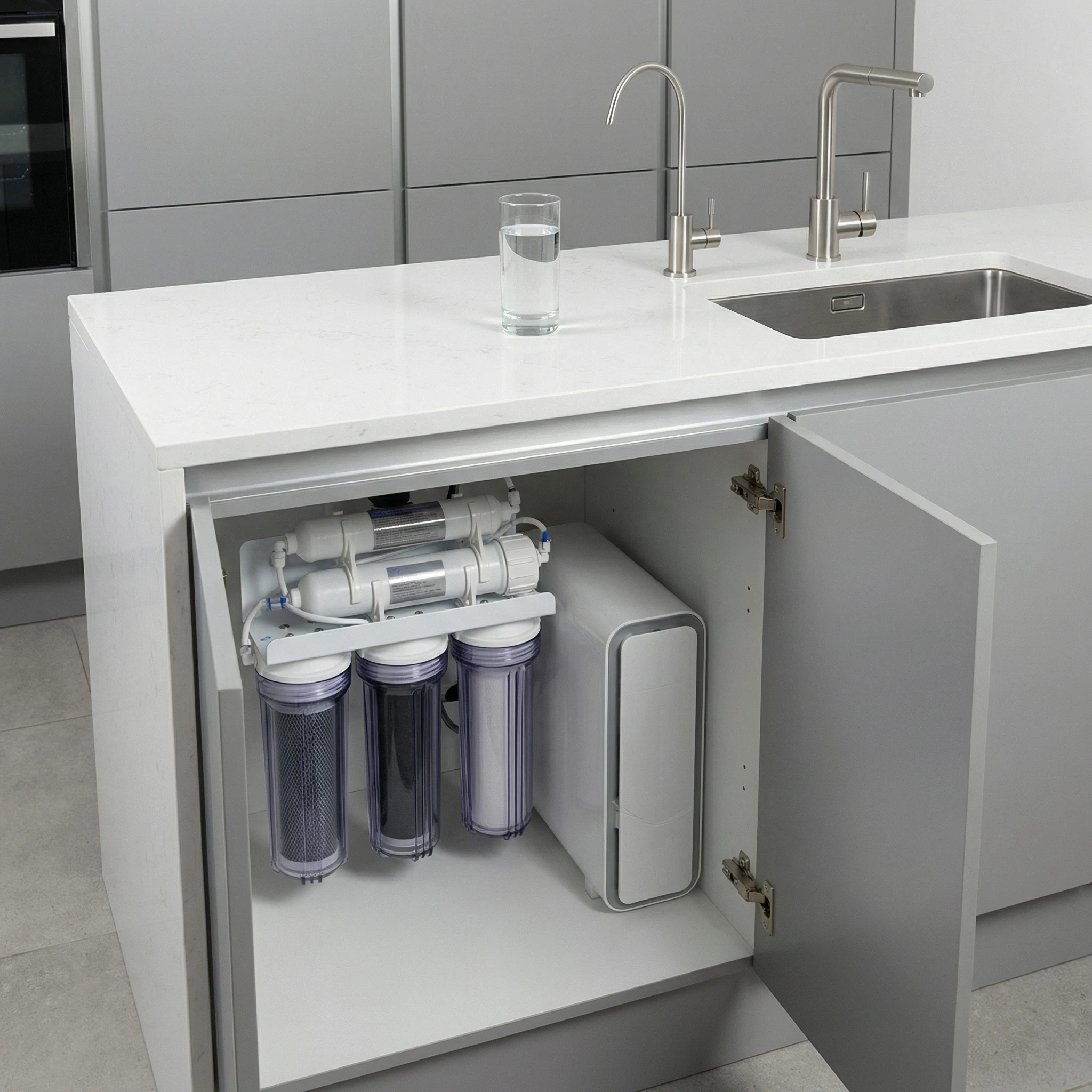 Under-sink drinking water filtration setup with a glass of water, representing upstream exposure reduction.