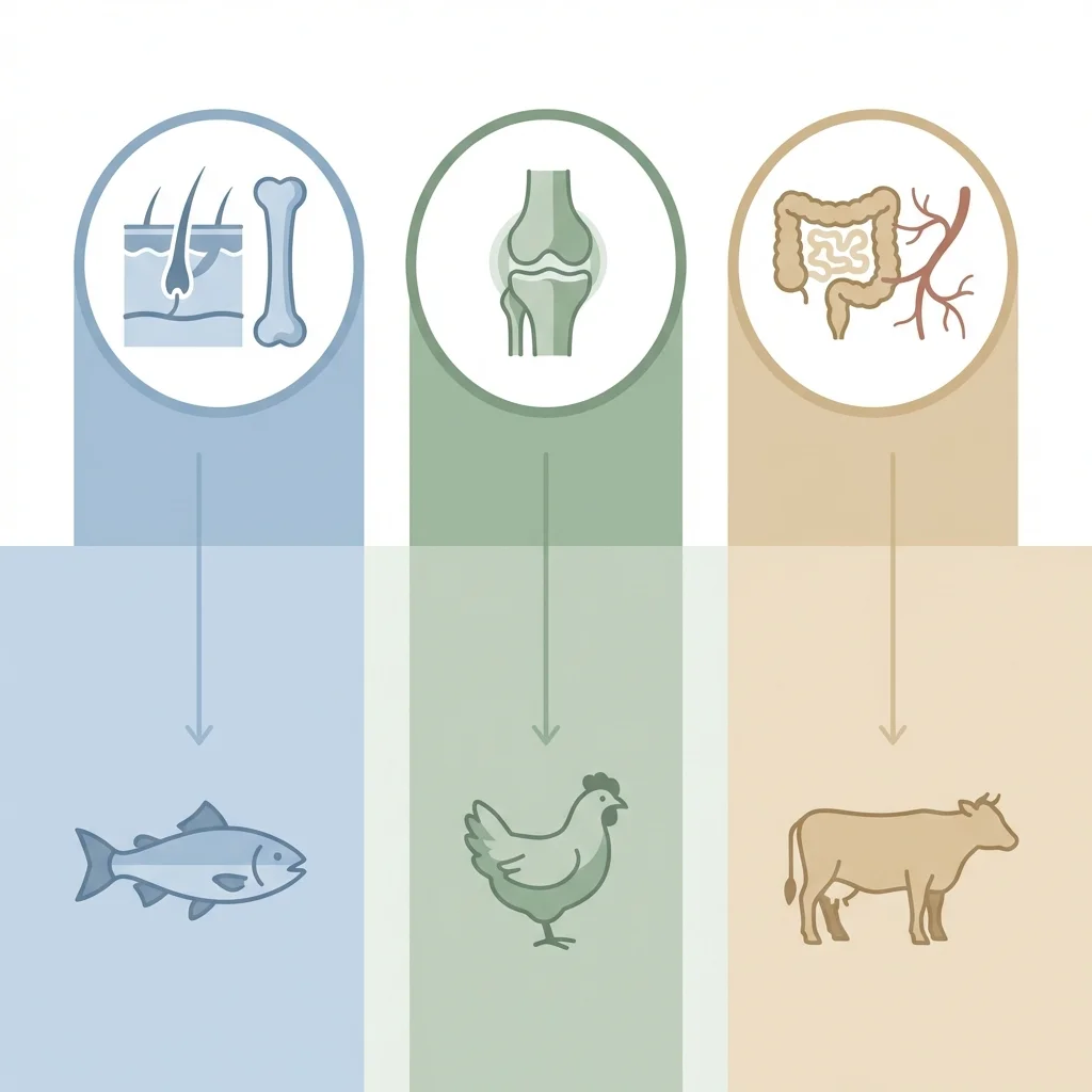 Infographic comparing the three main collagen types showing their sources, body locations, and primary benefits