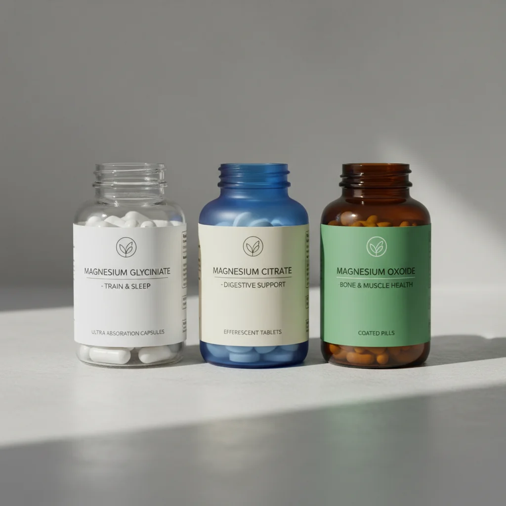 Comparison of different magnesium supplement forms showing glycinate, citrate, and oxide capsules with absorption data