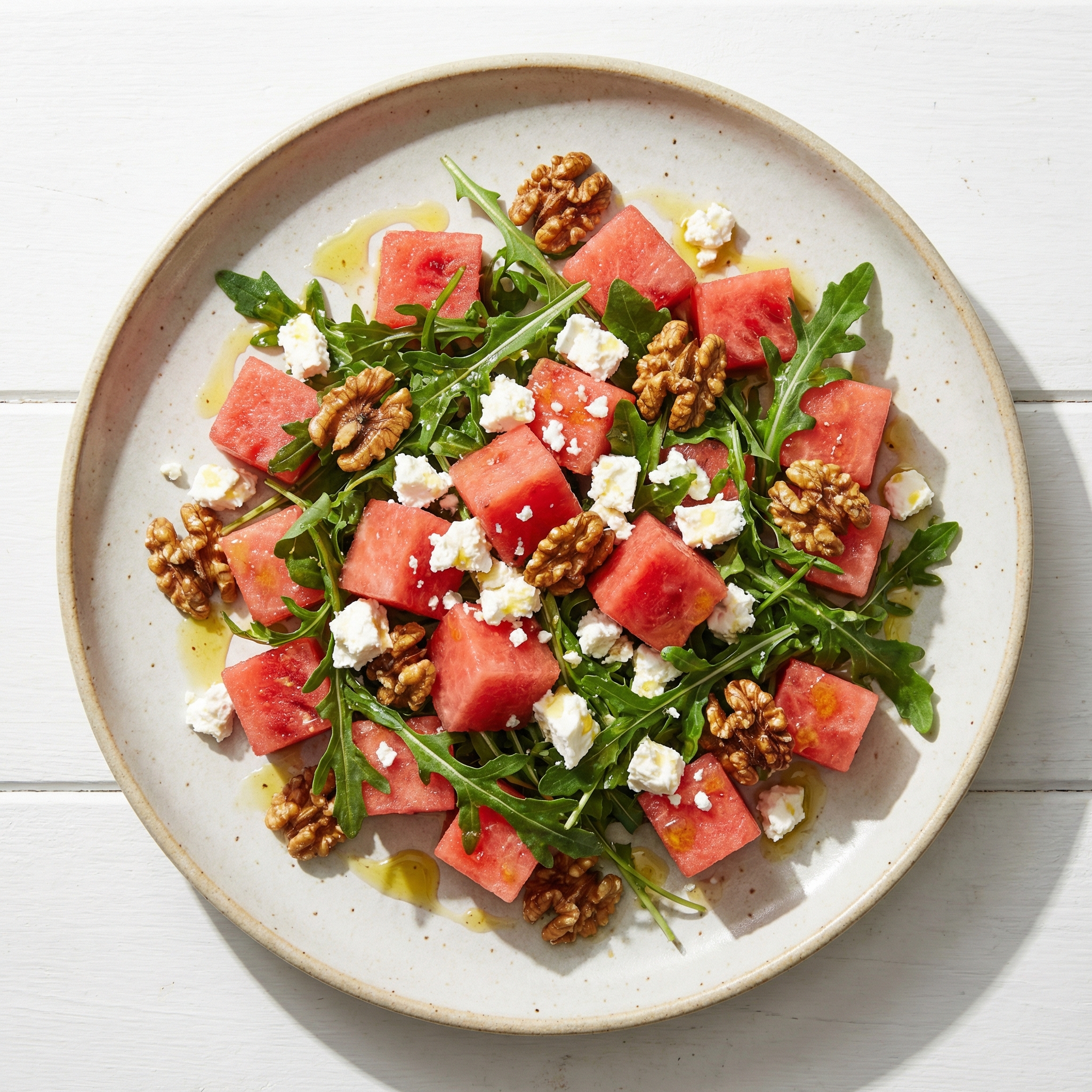 Balanced salad plate with watermelon, feta, leafy greens, and walnuts as a nutrient-dense meal idea.