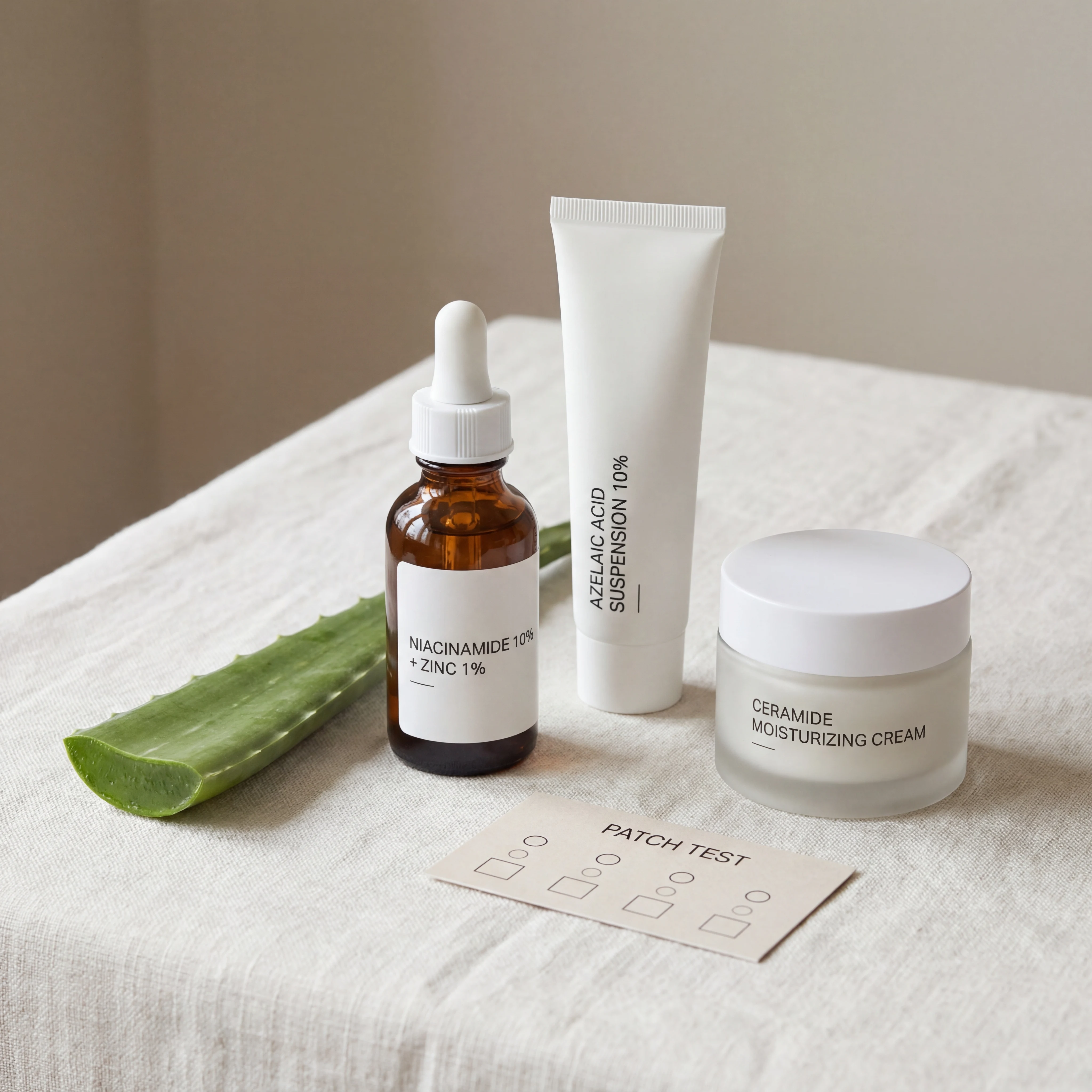 Skincare ingredients including azelaic acid, niacinamide, botanical extract, and moisturizer displayed for balanced acne-scar care