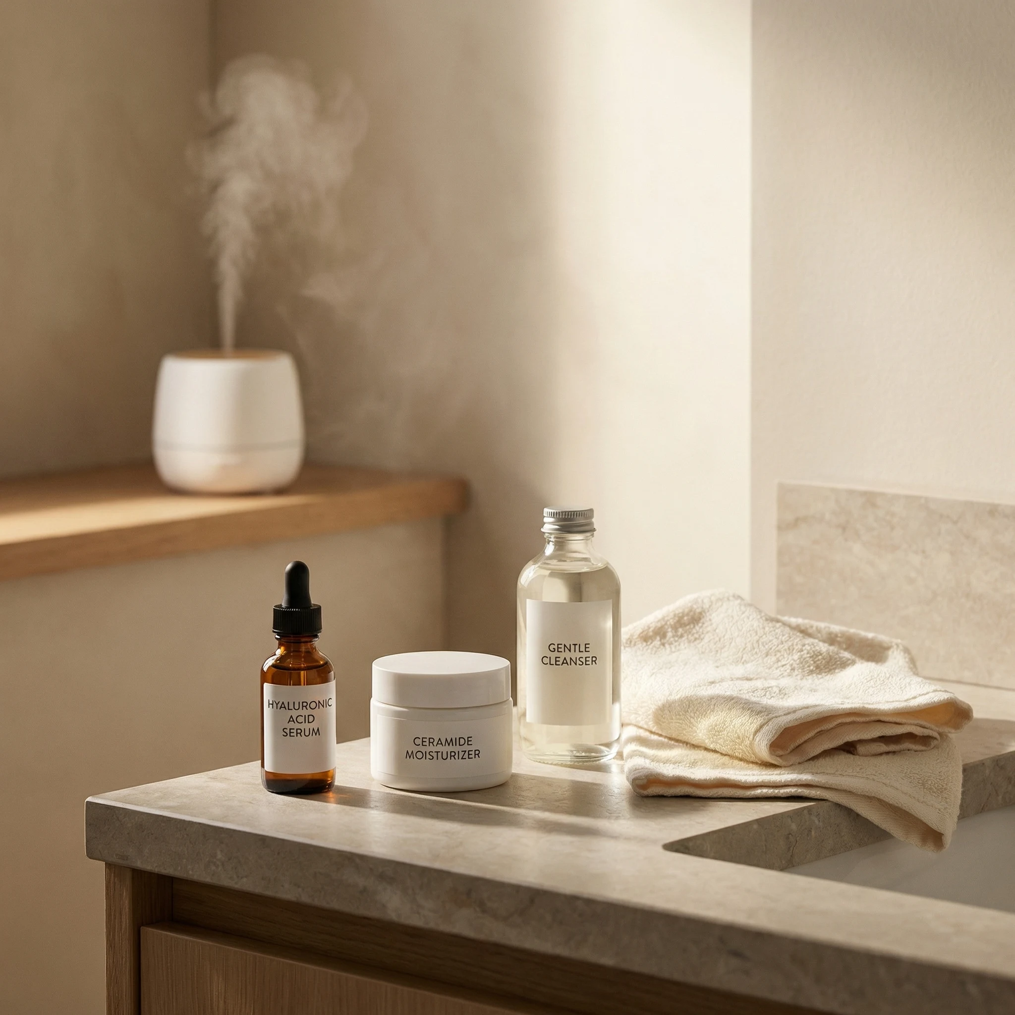 Minimalist dry skin routine with gentle cleanser, hyaluronic acid serum, ceramide moisturizer, and humidifier