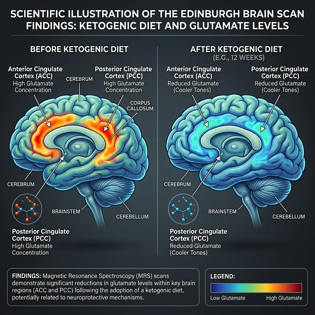 Brain scan comparison showing glutamate reduction in anterior and posterior cingulate cortex before and after ketogenic diet intervention