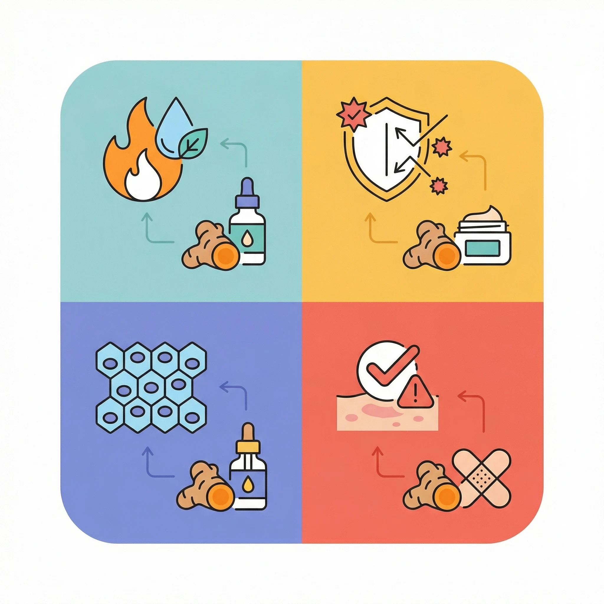 Infographic-style visual mapping turmeric skin pathways including inflammation control, antioxidant support, barrier care, and safety checks