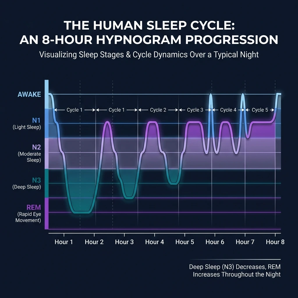 Infographic illustrating sleep cycle stages across an eight-hour night with color-coded REM and deep sleep phases