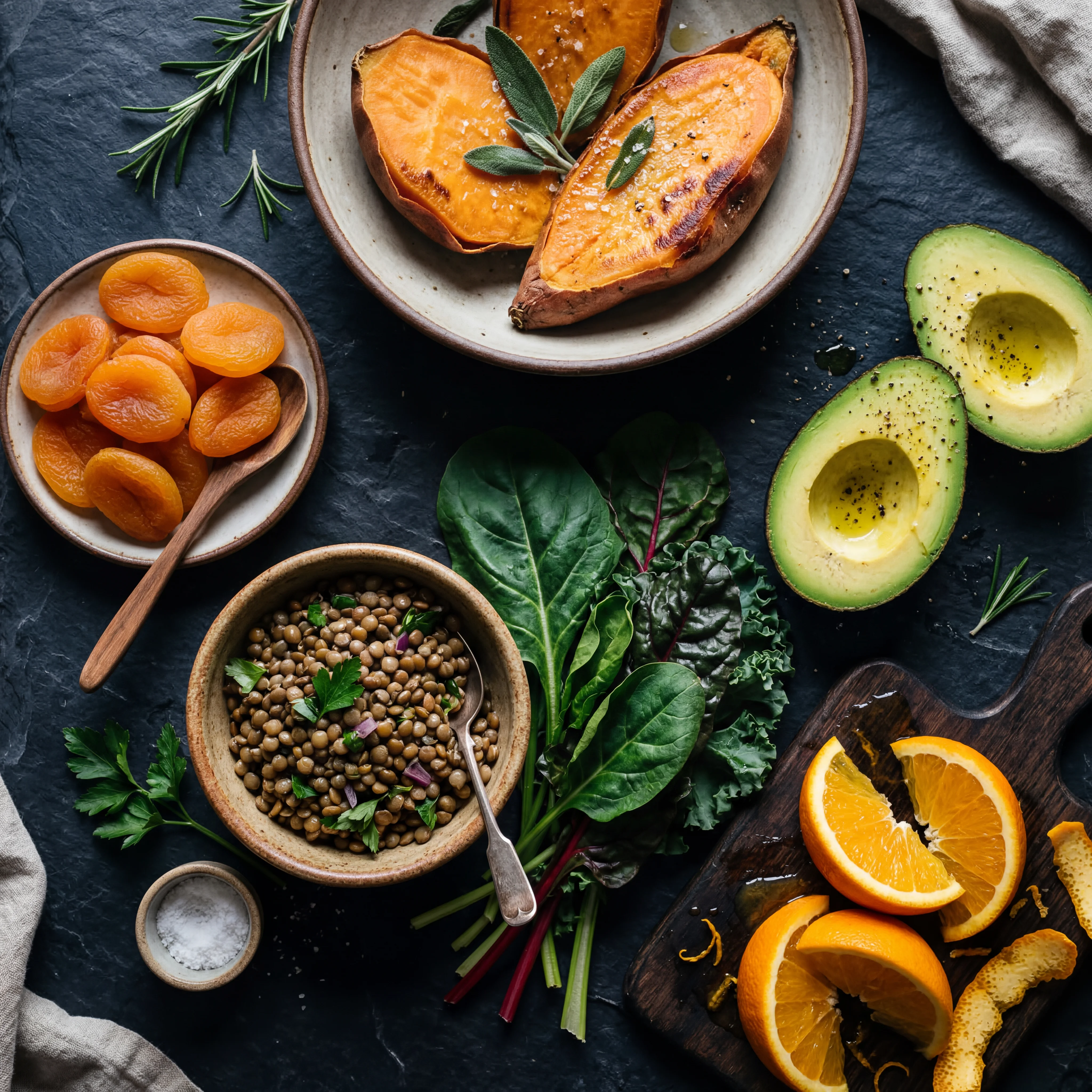 Flat lay of potassium-rich foods including sweet potatoes, lentils, dried apricots, and leafy greens on a dark background