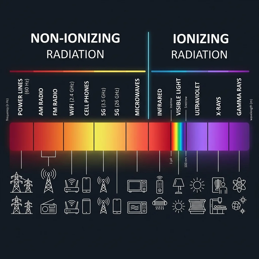 Electromagnetic spectrum showing non-ionizing sources like WiFi and phones versus ionizing sources like X-rays
