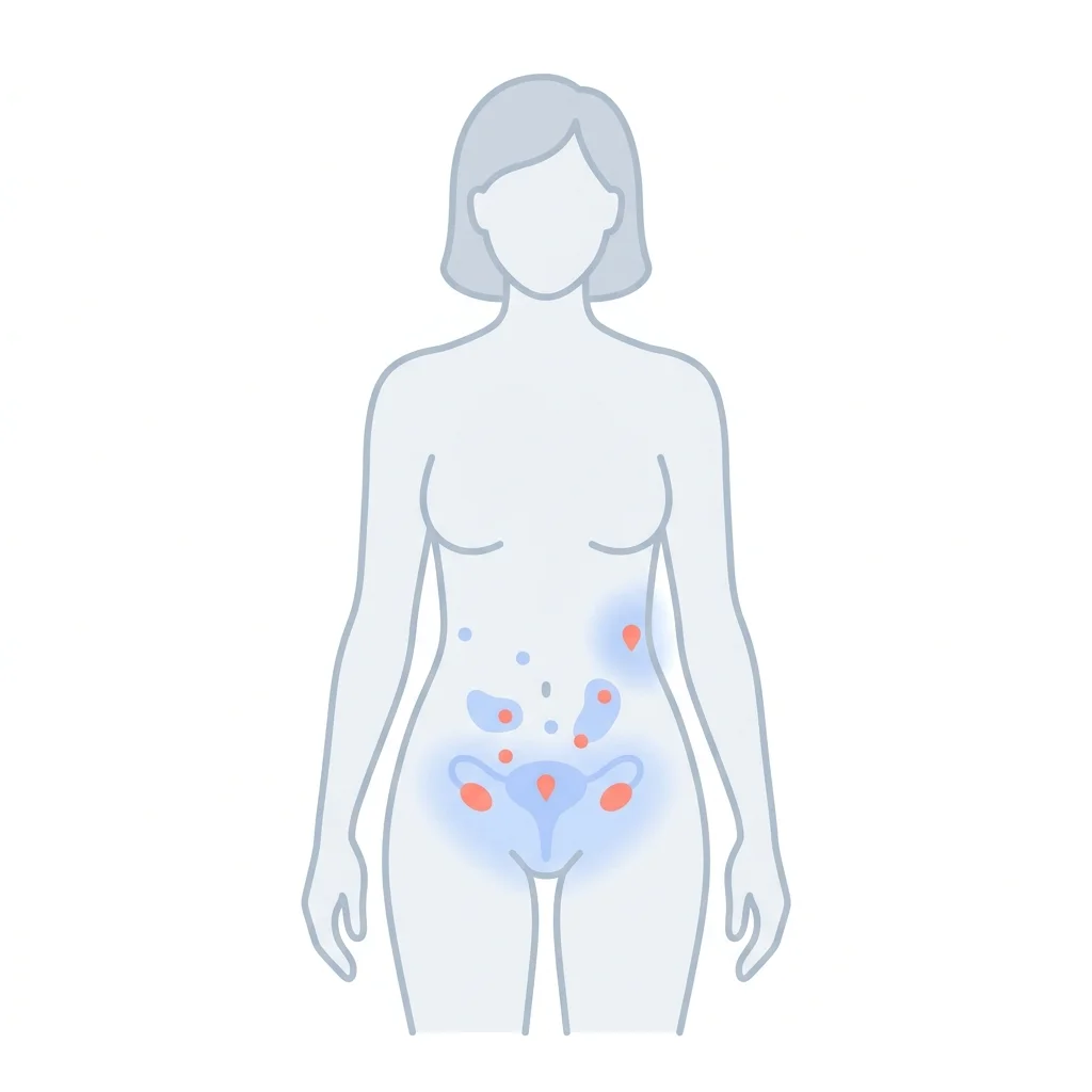 Illustrated body diagram showing the multiple organ systems affected by endometriosis symptoms