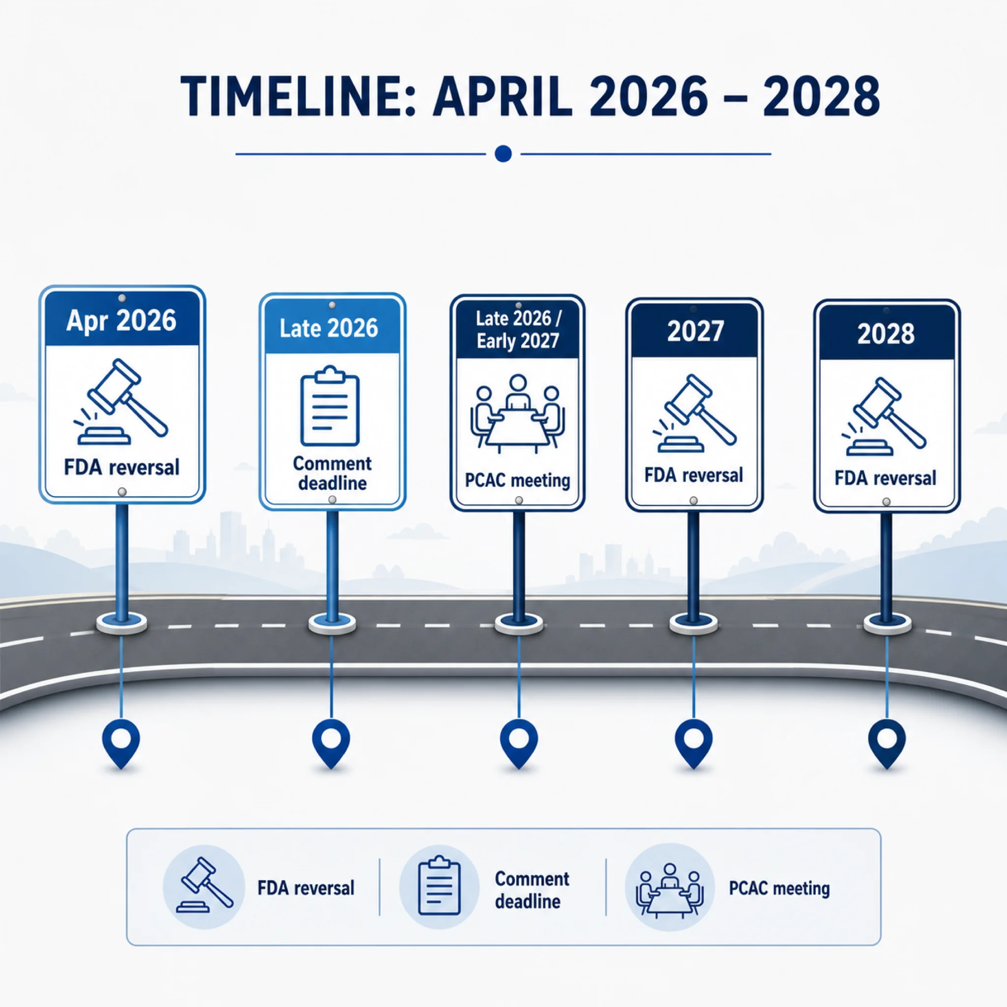 Timeline of key FDA peptide regulatory milestones from April 2026 through 2028