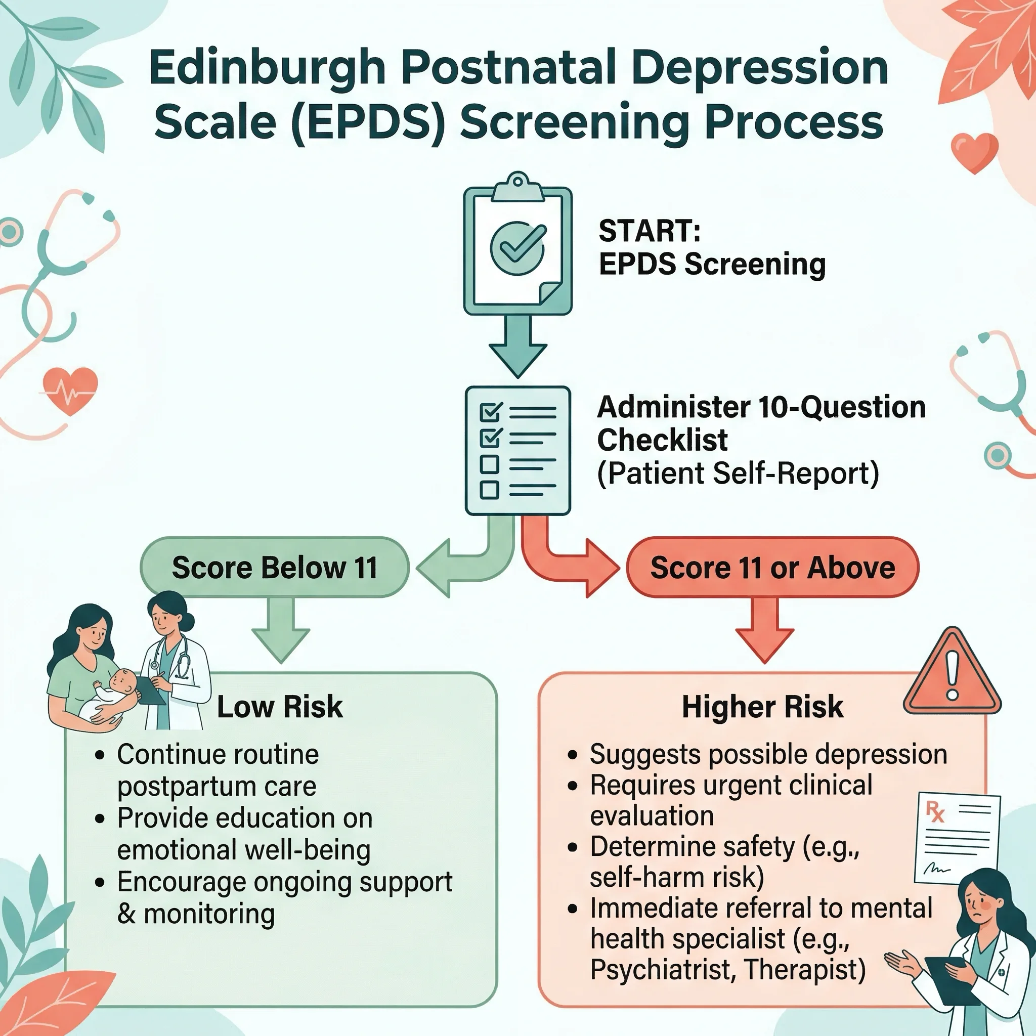 Flowchart illustrating the Edinburgh Postnatal Depression Scale screening process and score interpretation