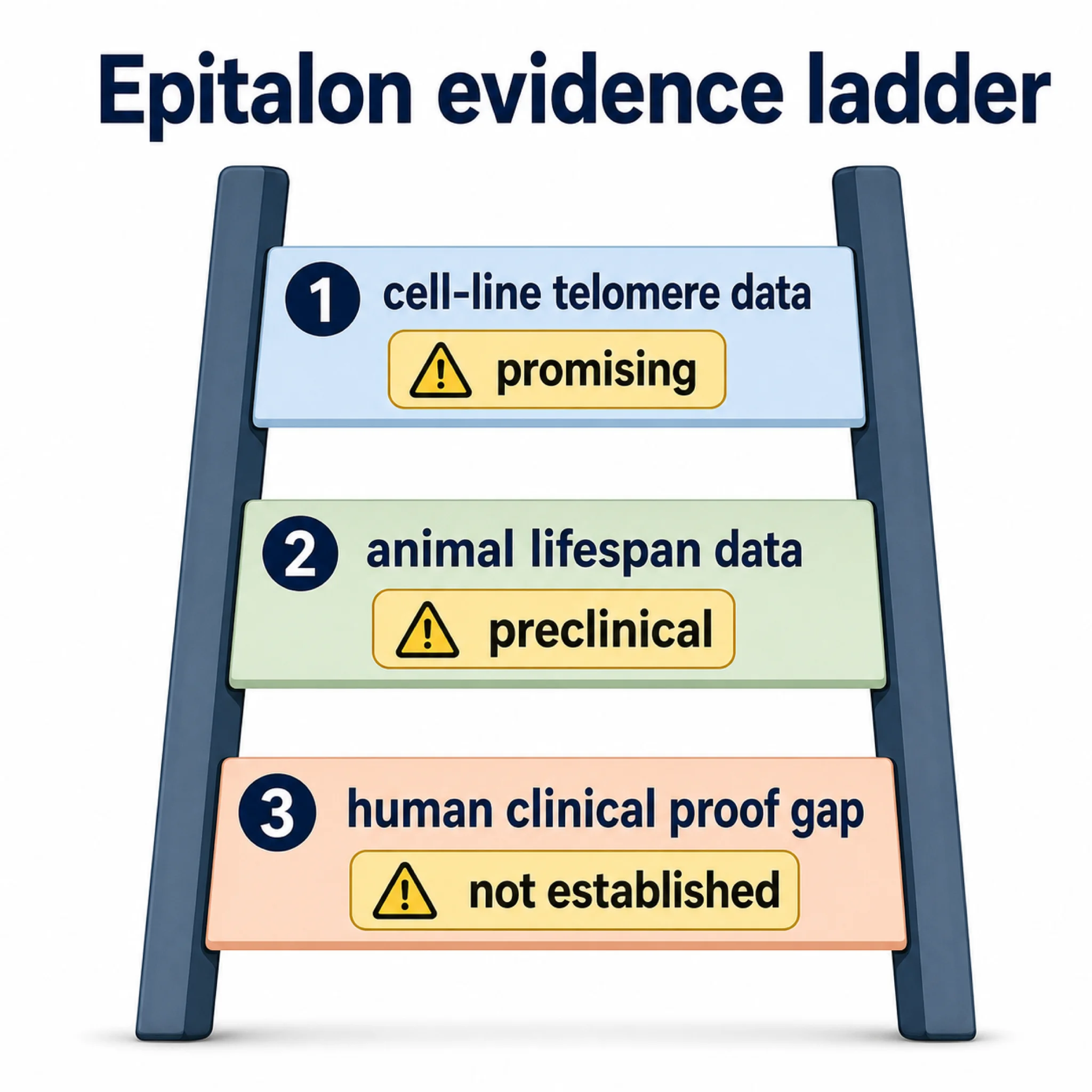 Infographic showing the evidence ladder from Epitalon cell studies to missing human proof