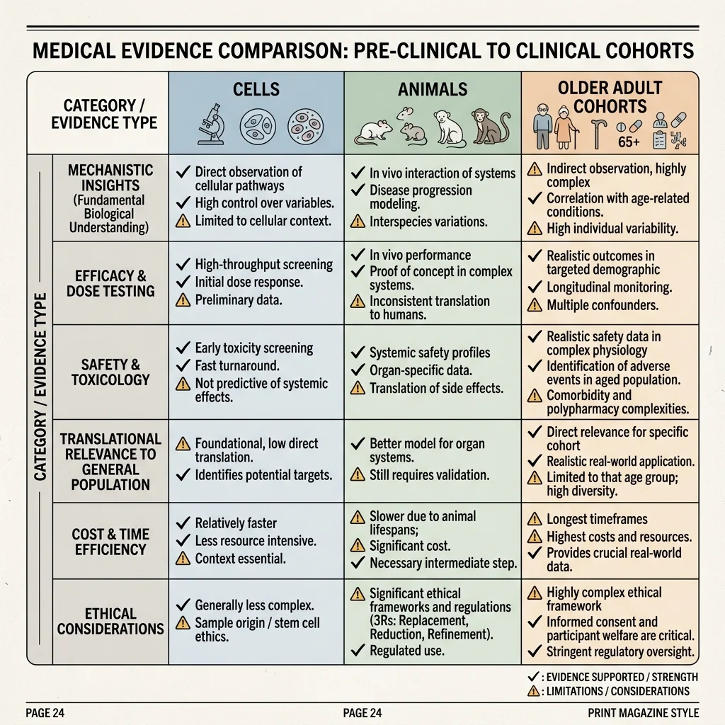 Evidence ladder comparing cell, animal, and human epitalon research