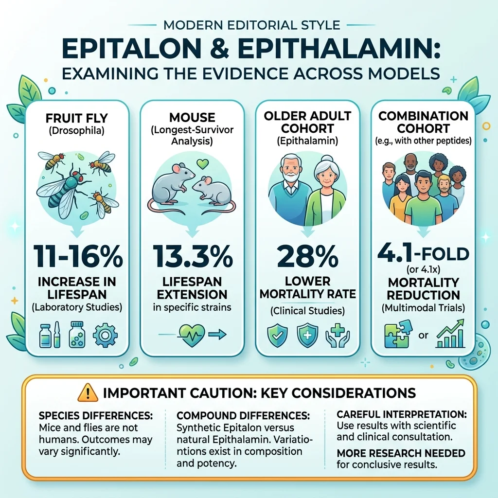 Infographic comparing epitalon and epithalamin longevity statistics by evidence type