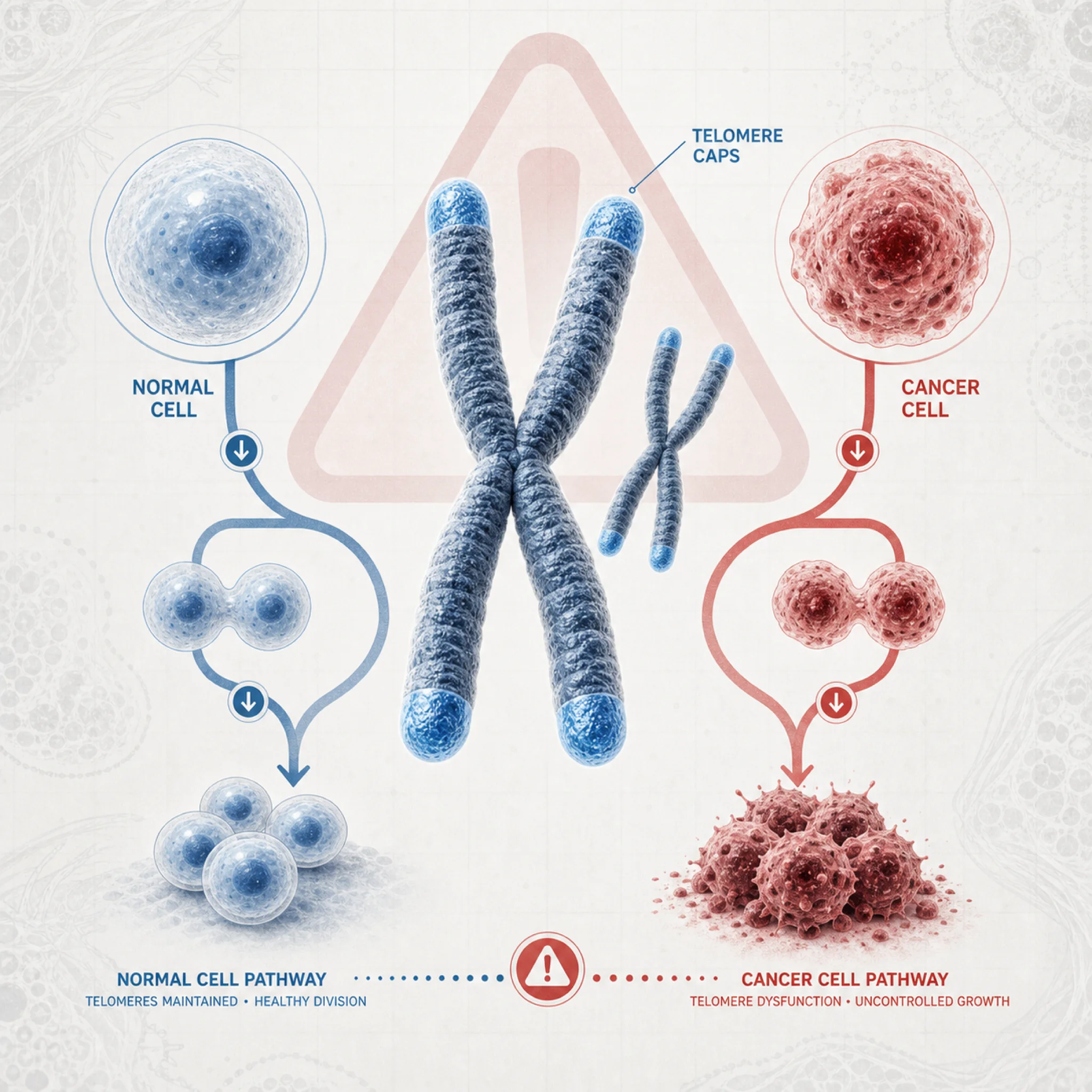 Telomere signaling illustration showing normal and cancer-cell caution paths