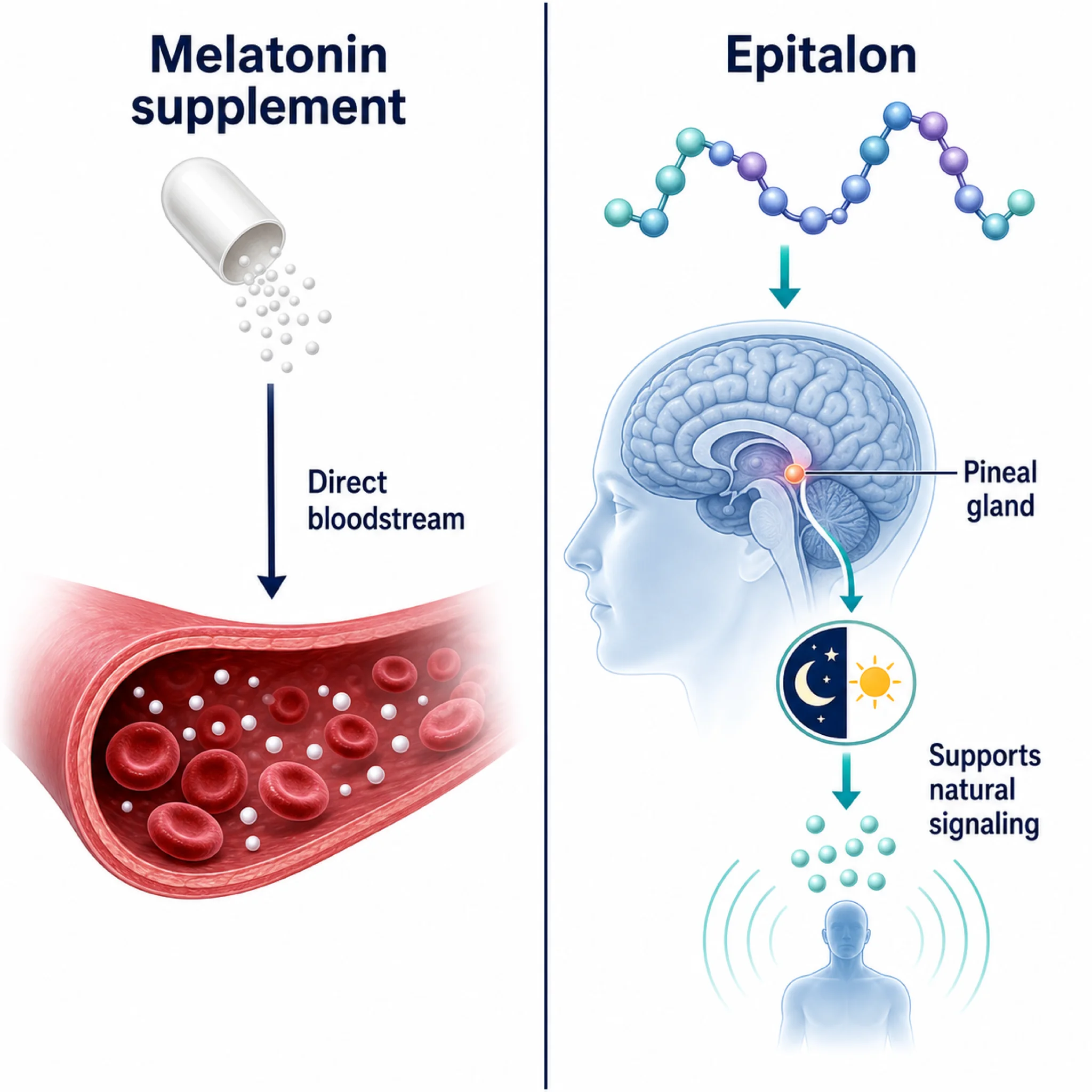Comparison diagram showing melatonin supplementation versus Epitalon stimulating the pineal gland to produce melatonin endogenously