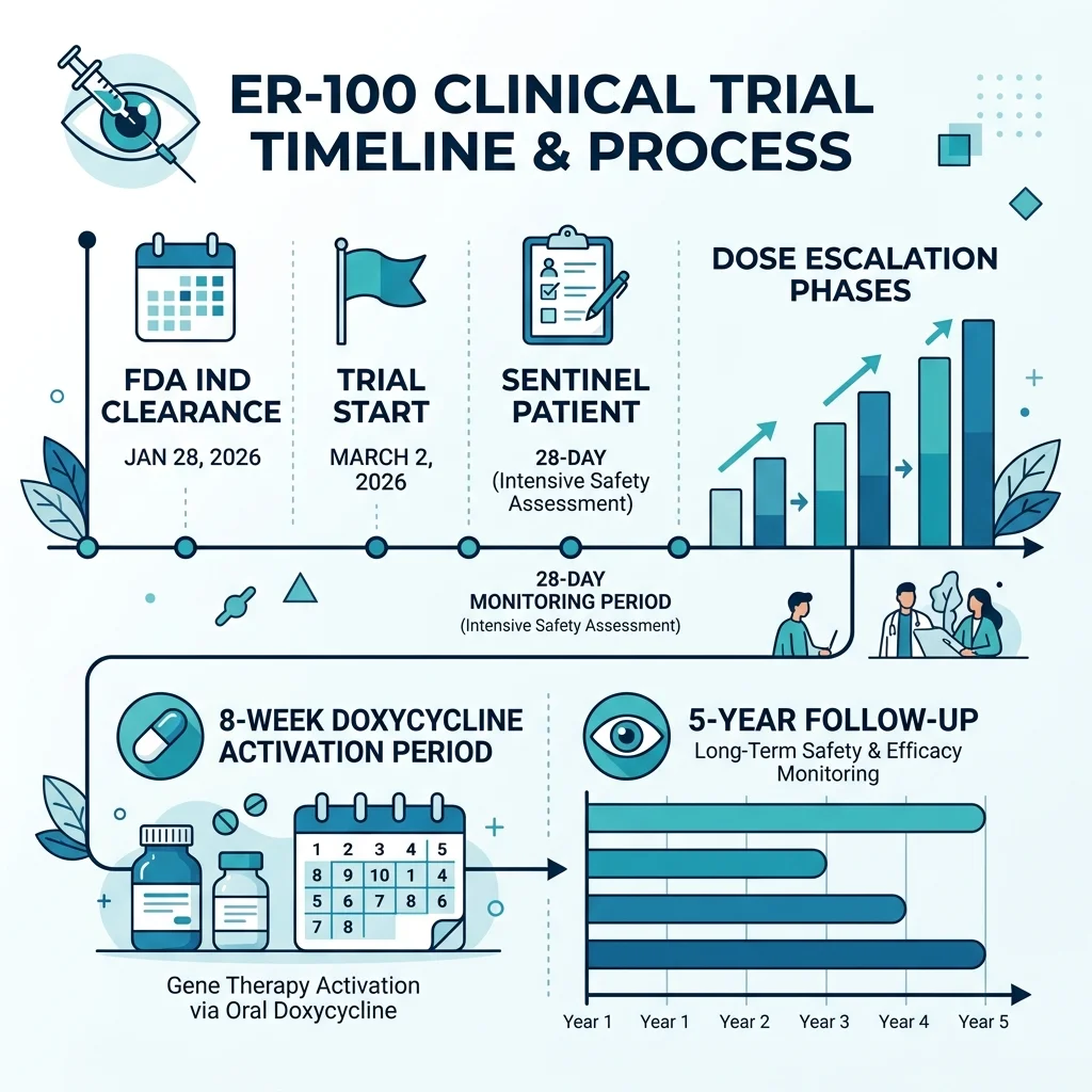 Infographic showing the ER-100 Phase 1 clinical trial timeline from FDA clearance through 5-year follow-up