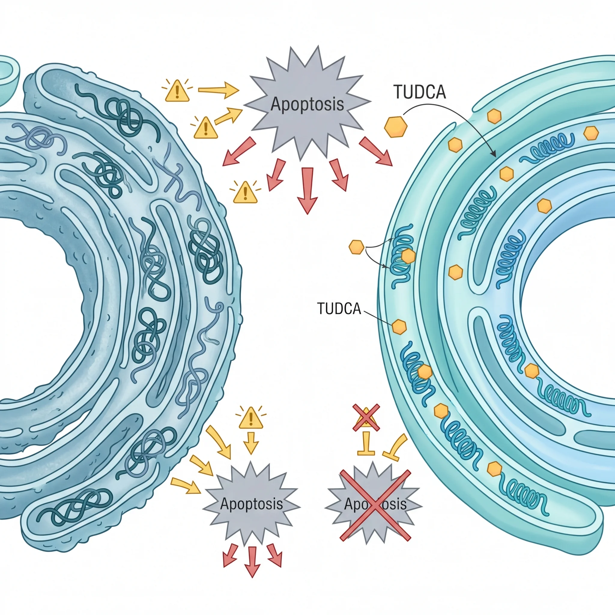 Simplified diagram showing how TUDCA reduces endoplasmic reticulum stress by stabilizing protein folding