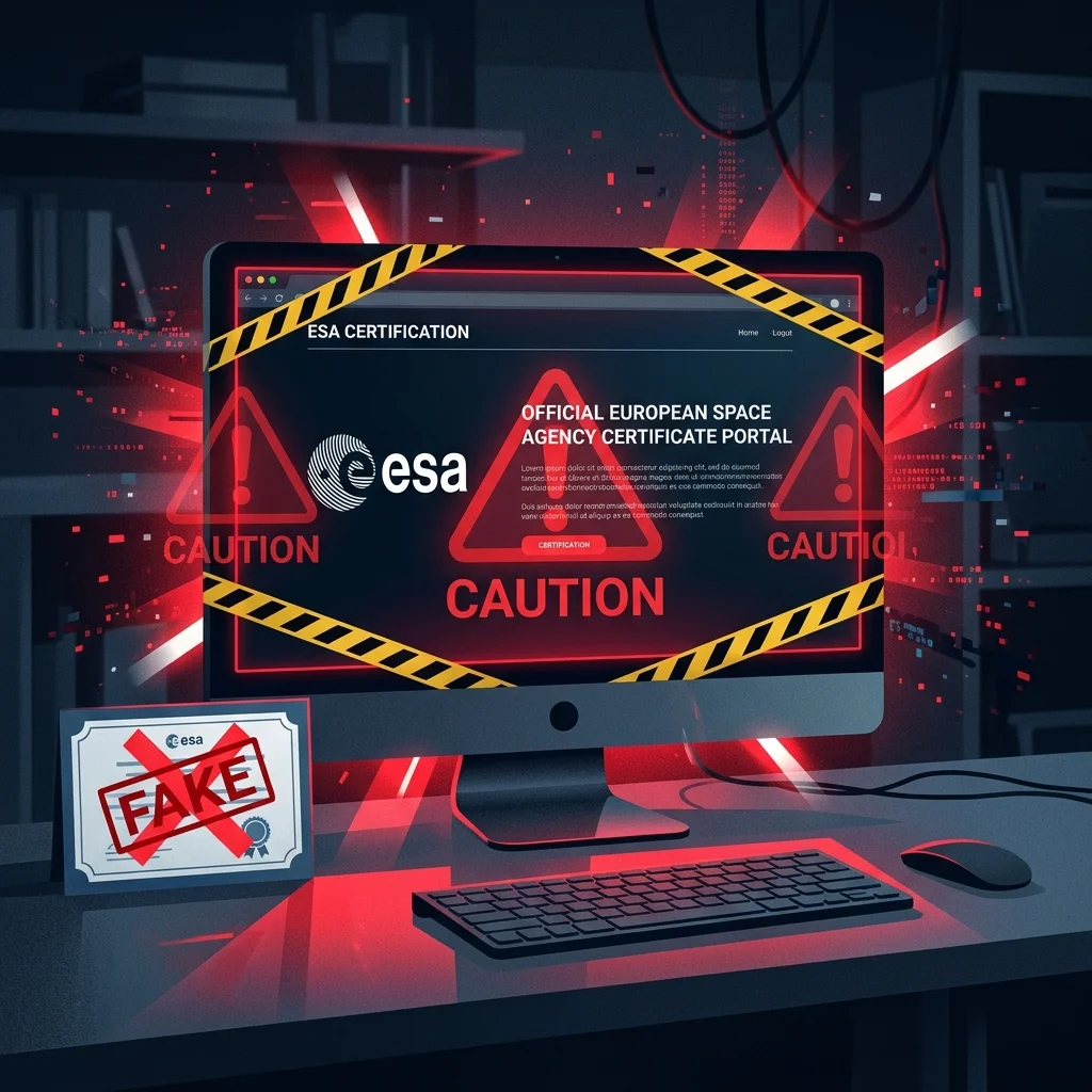 Warning illustration showing fake ESA certification websites with caution symbols indicating fraudulent services