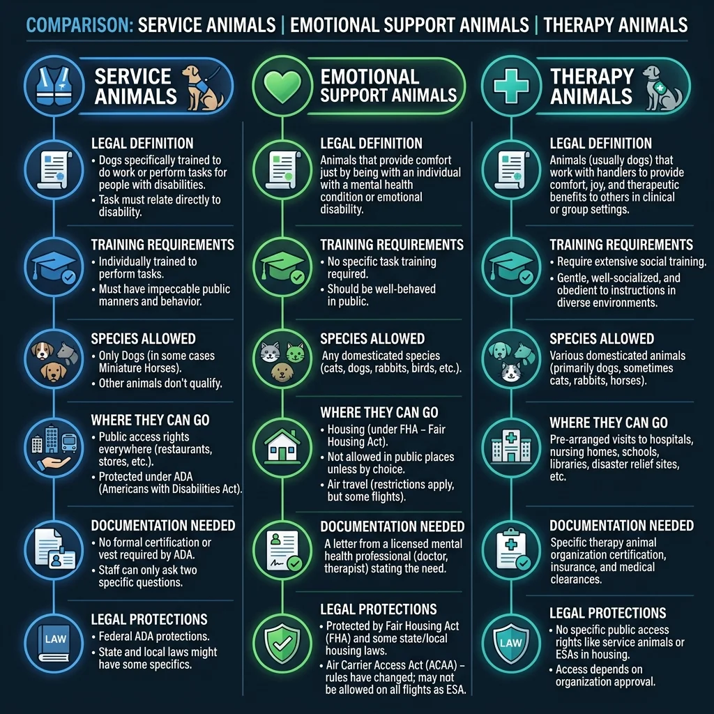Comparison infographic showing key differences between service animals, emotional support animals, and therapy animals including training, access rights, and legal protections
