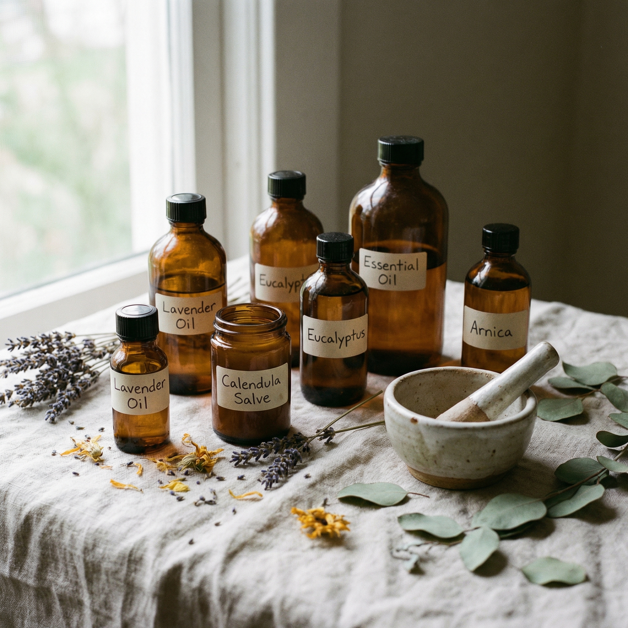 Amber glass bottles of essential oils alongside dried lavender and eucalyptus leaves on a linen cloth
