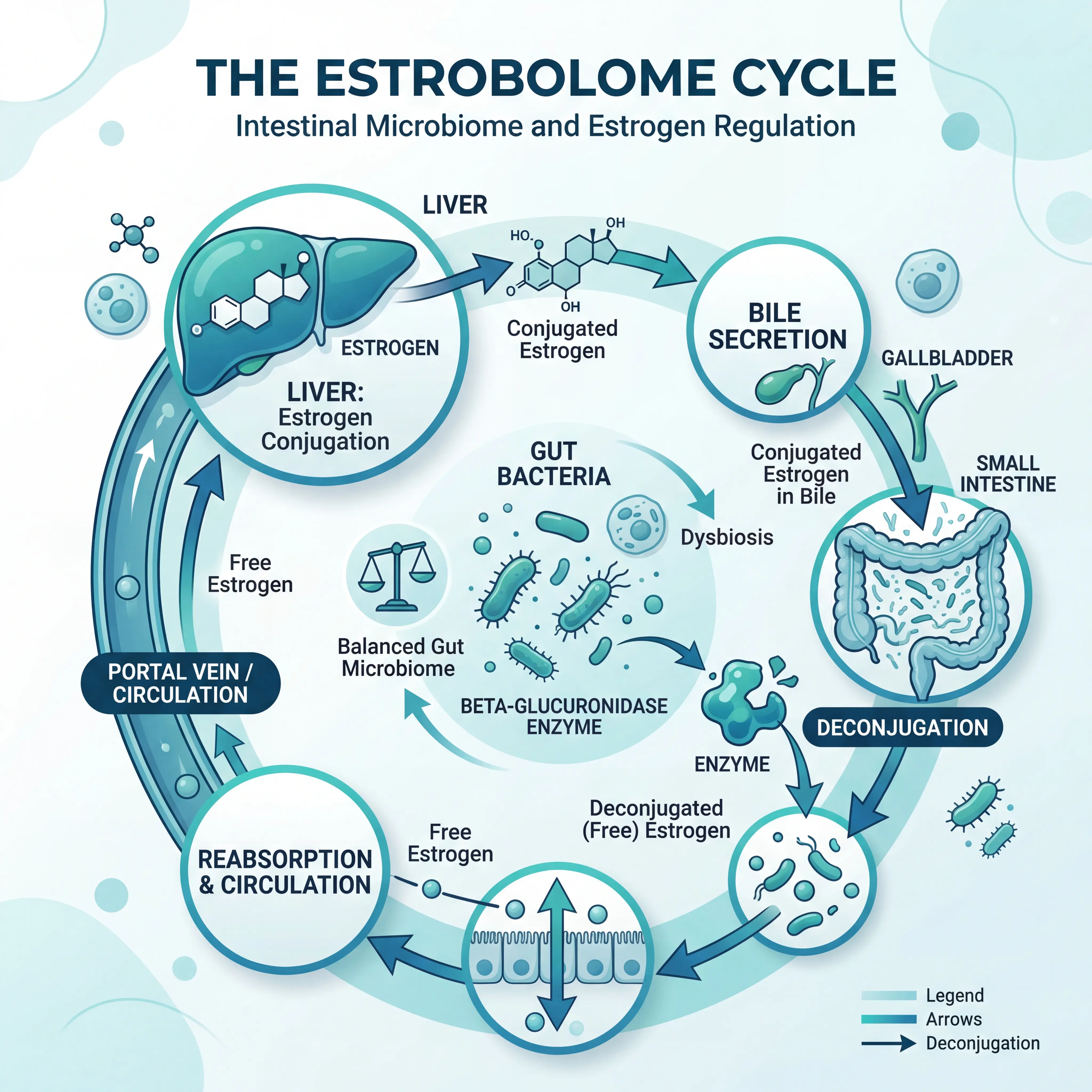 Infographic showing the estrobolome cycle from liver conjugation through gut bacterial deconjugation to estrogen recirculation