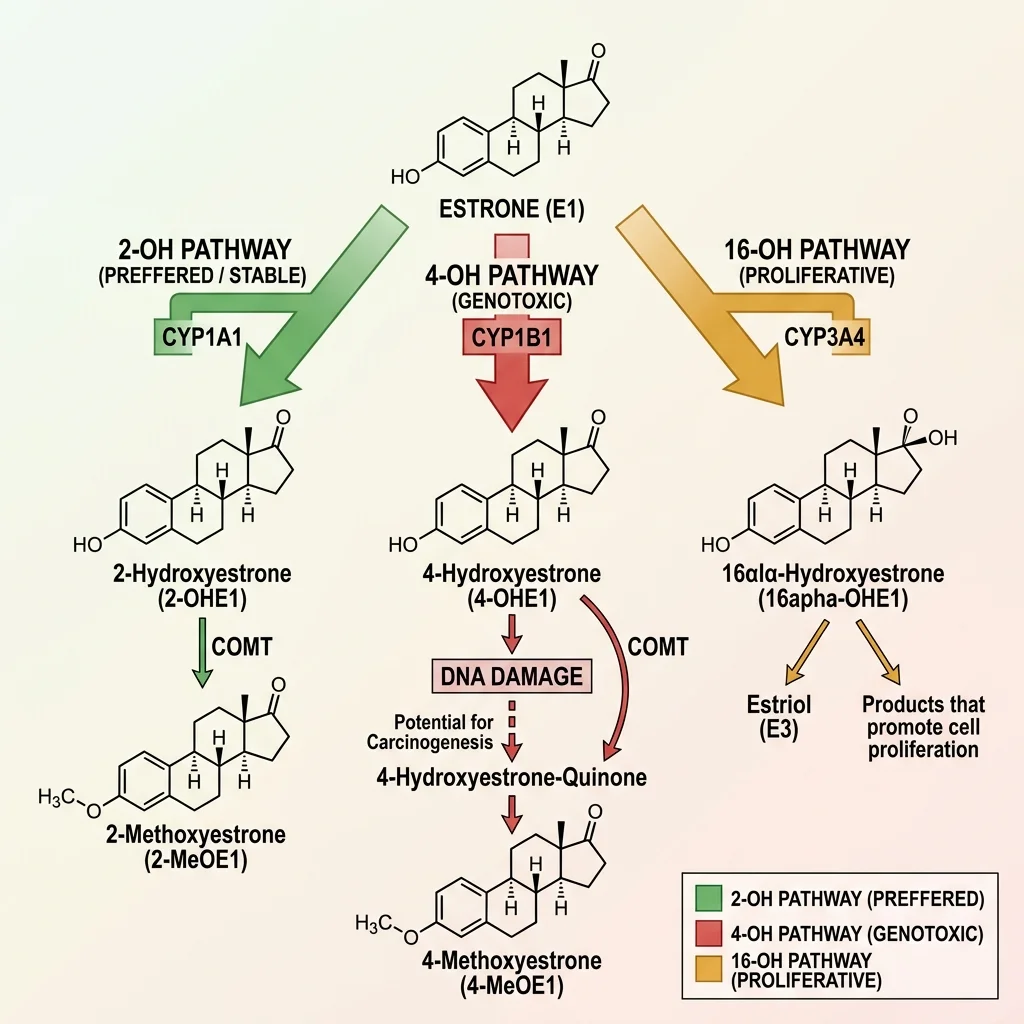 Diagram of three estrogen detoxification pathways showing 2-OH as preferred, 4-OH as genotoxic, and 16-OH as proliferative