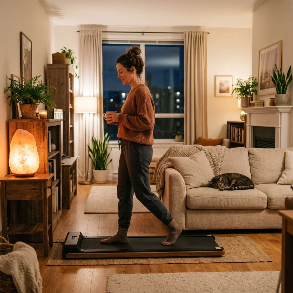 Person in loungewear walking on a walking pad in a calm, warmly lit living room