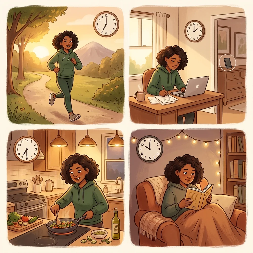 Illustration of evidence-based daily routine showing exercise, focused work, cooking, and reading as alternatives to screen time
