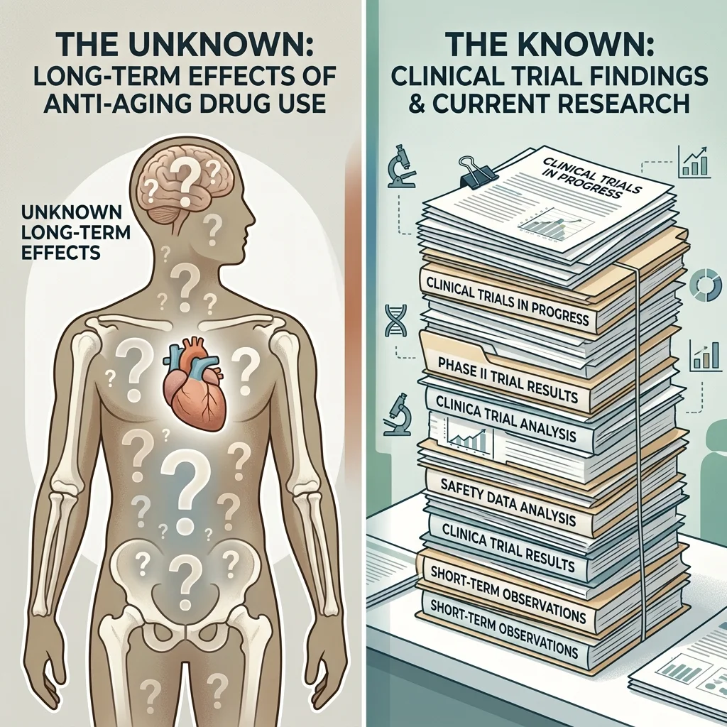 Illustration contrasting known clinical trial data with unknown long-term effects of anti-aging drug use in healthy populations